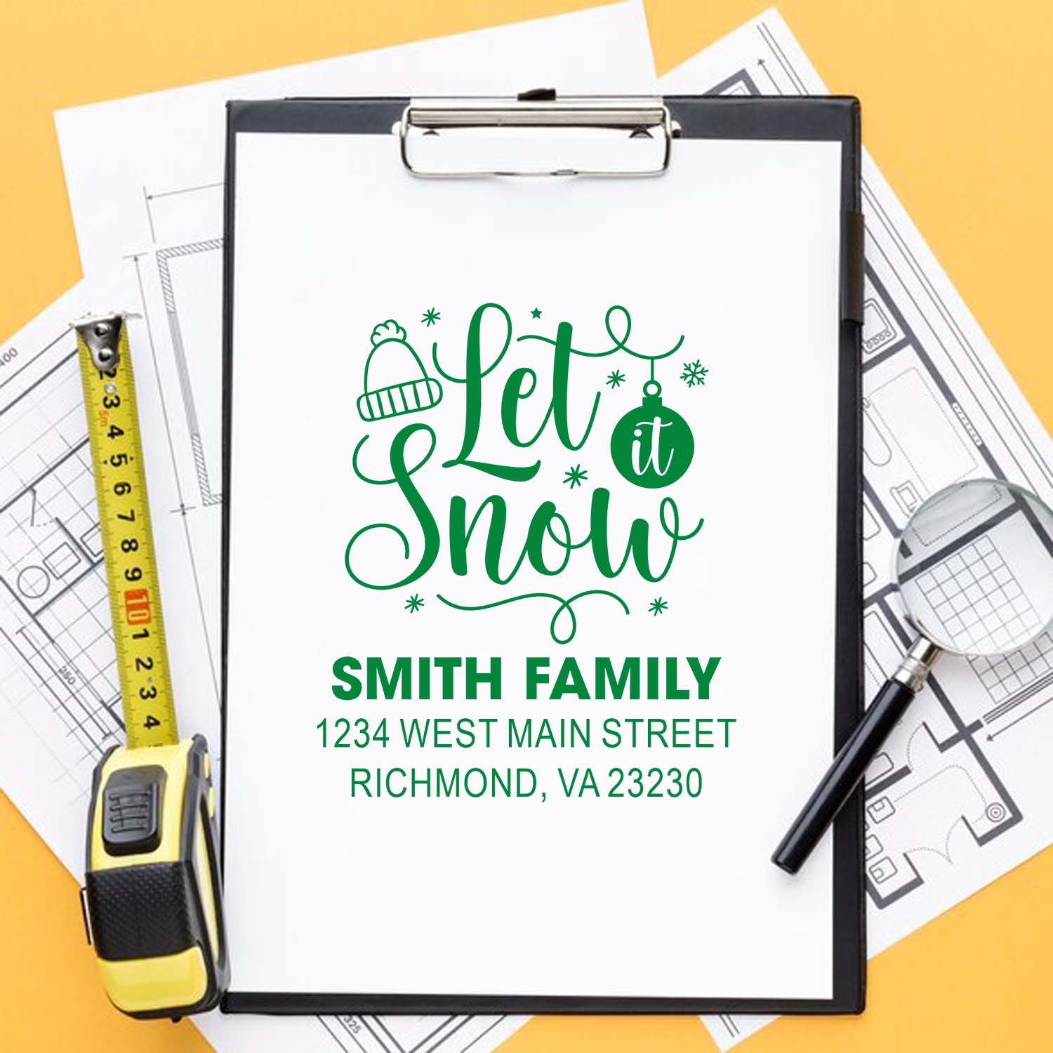 Custom holiday address rubber stamp with Let It Snow design, Smith Family name, and address for winter cards and packaging.