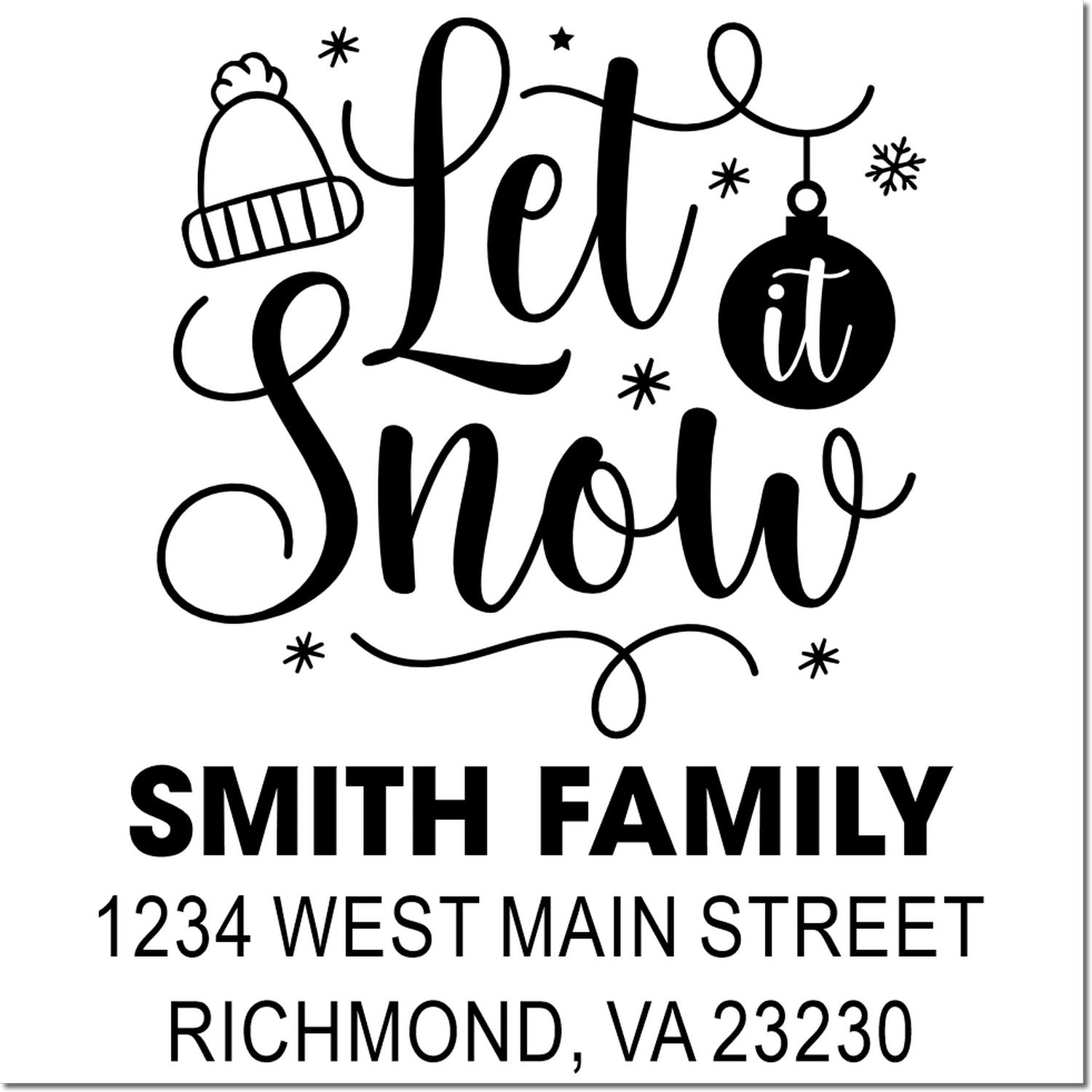 Custom Let It Snow Christmas return address rubber stamp with winter hat, ornament, and snowflakes.