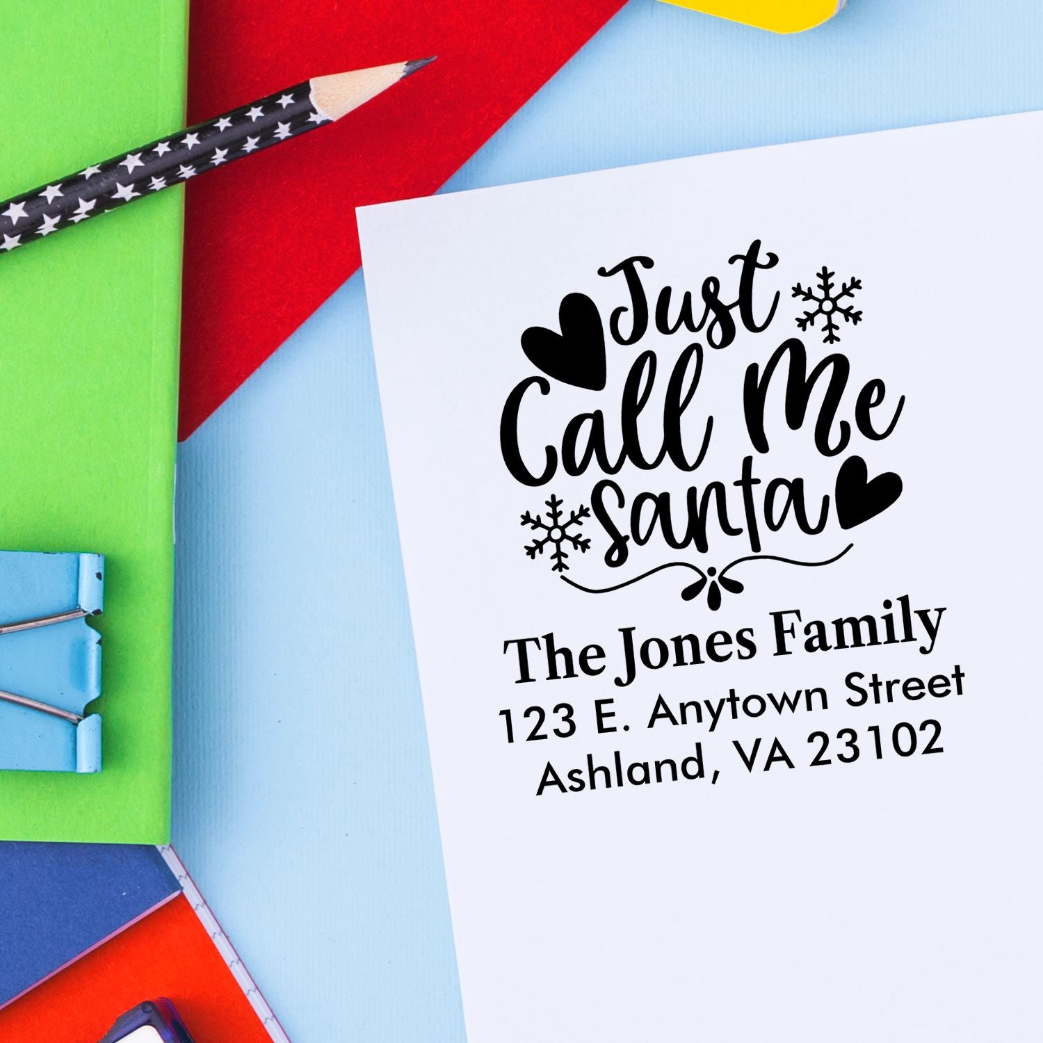 Custom holiday return address rubber stamp with Just Call Me Santa for personalized Christmas cards and envelopes.