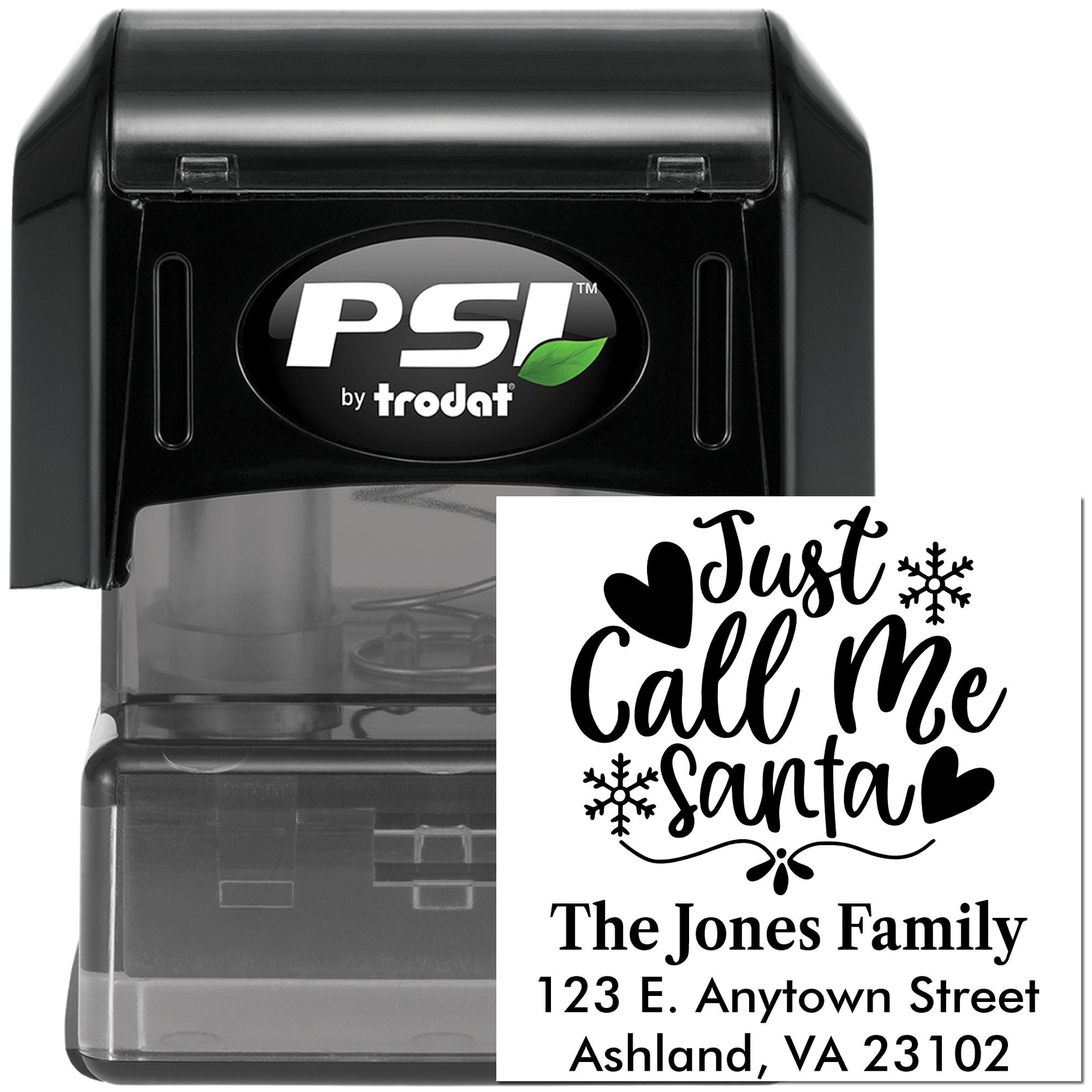 Custom self-inking rubber stamp with holiday Just Call Me Santa design, family name, and address for festive return mail.