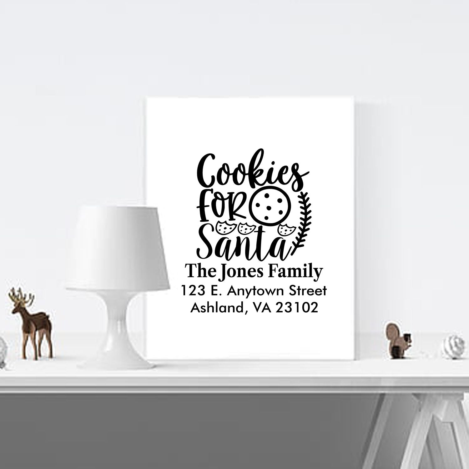 Personalized Christmas rubber stamp with Cookies for Santa design, family name, and address for holiday gifting.