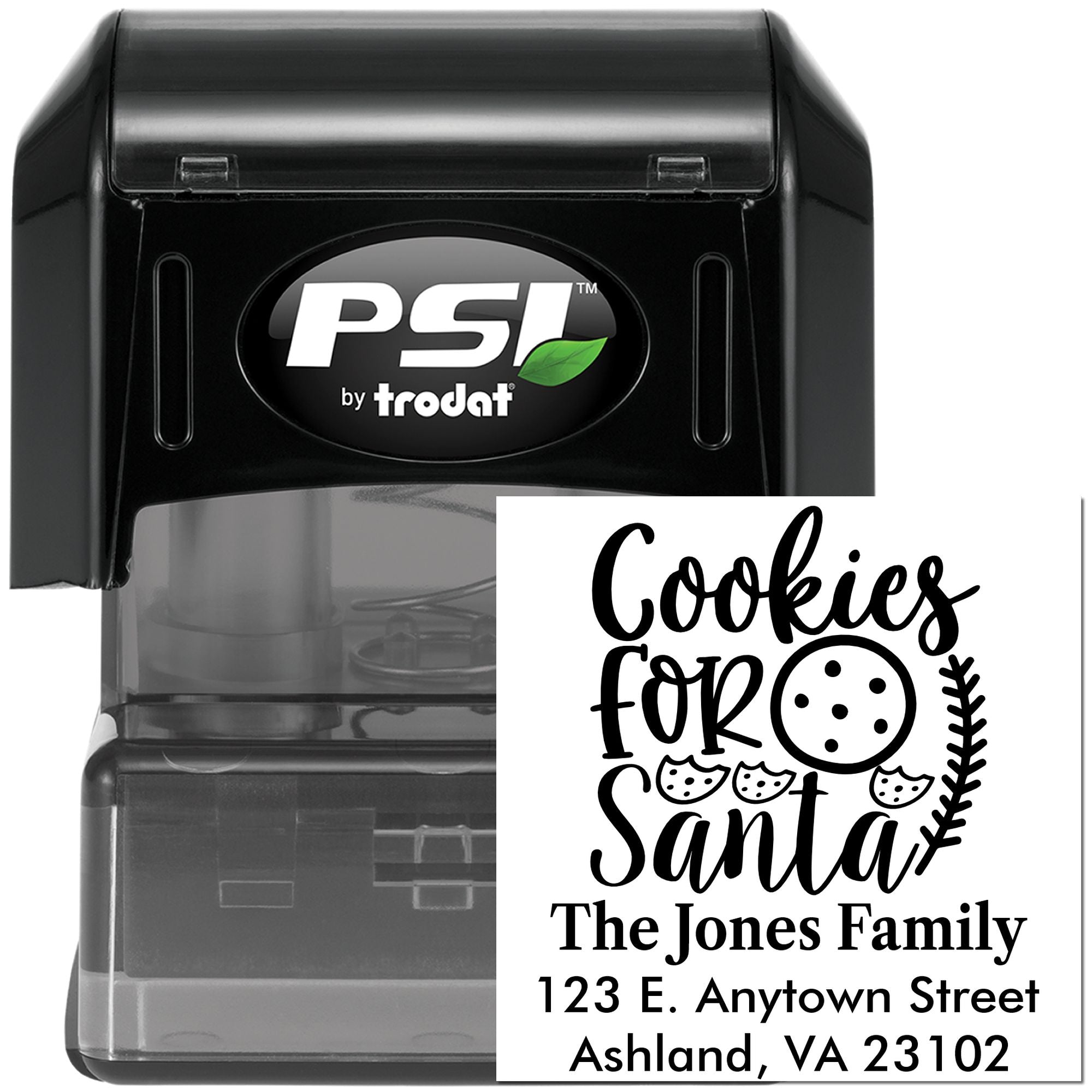 Custom self-inking rubber stamp by PSI Trodat for Cookies for Santa return address labels, featuring family name and address