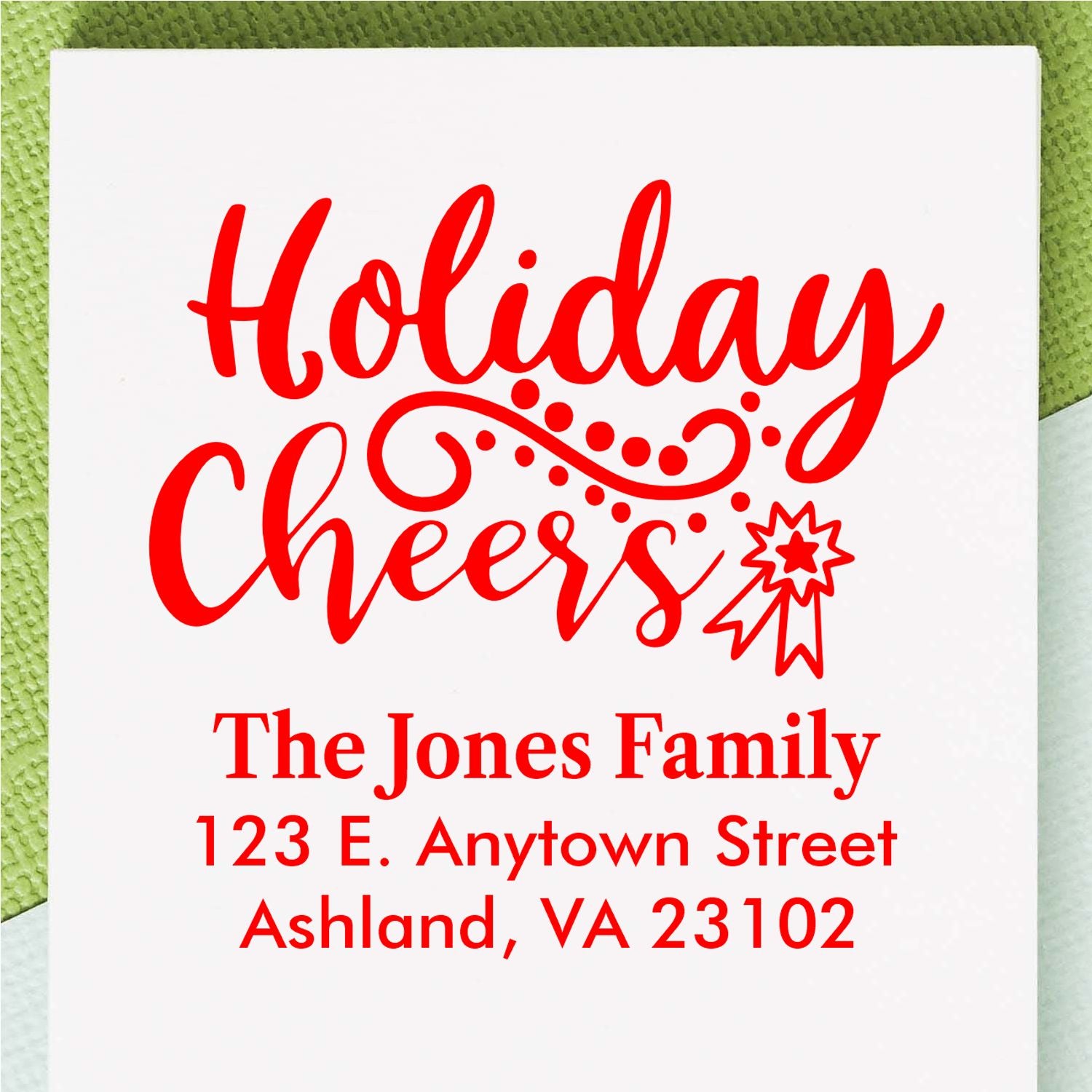 Personalized Holiday Cheers rubber stamp with The Jones Family address for festive cards and holiday mail.