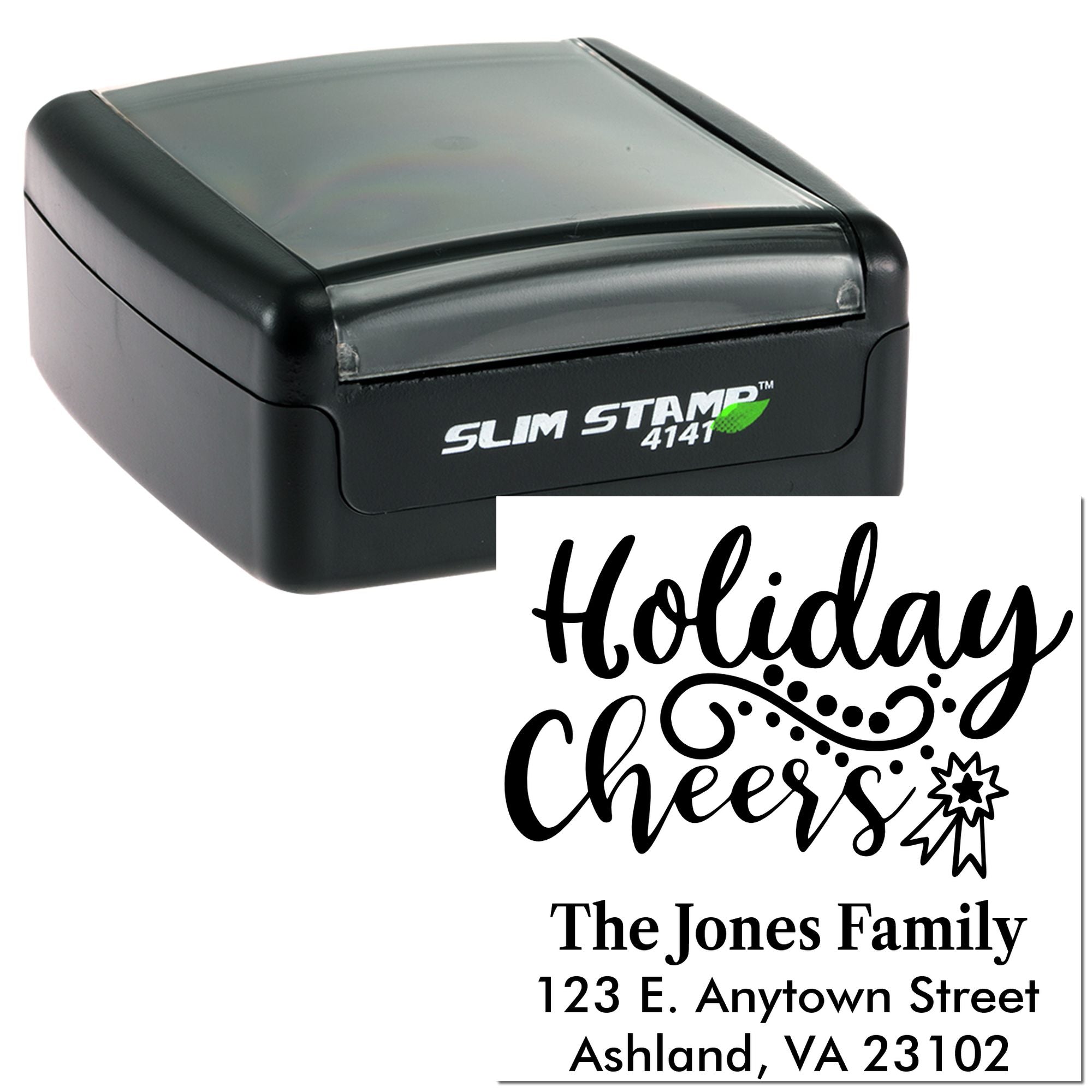 Custom self-inking rubber stamp for holiday cards, featuring Holiday Cheers and personalized family address imprint.