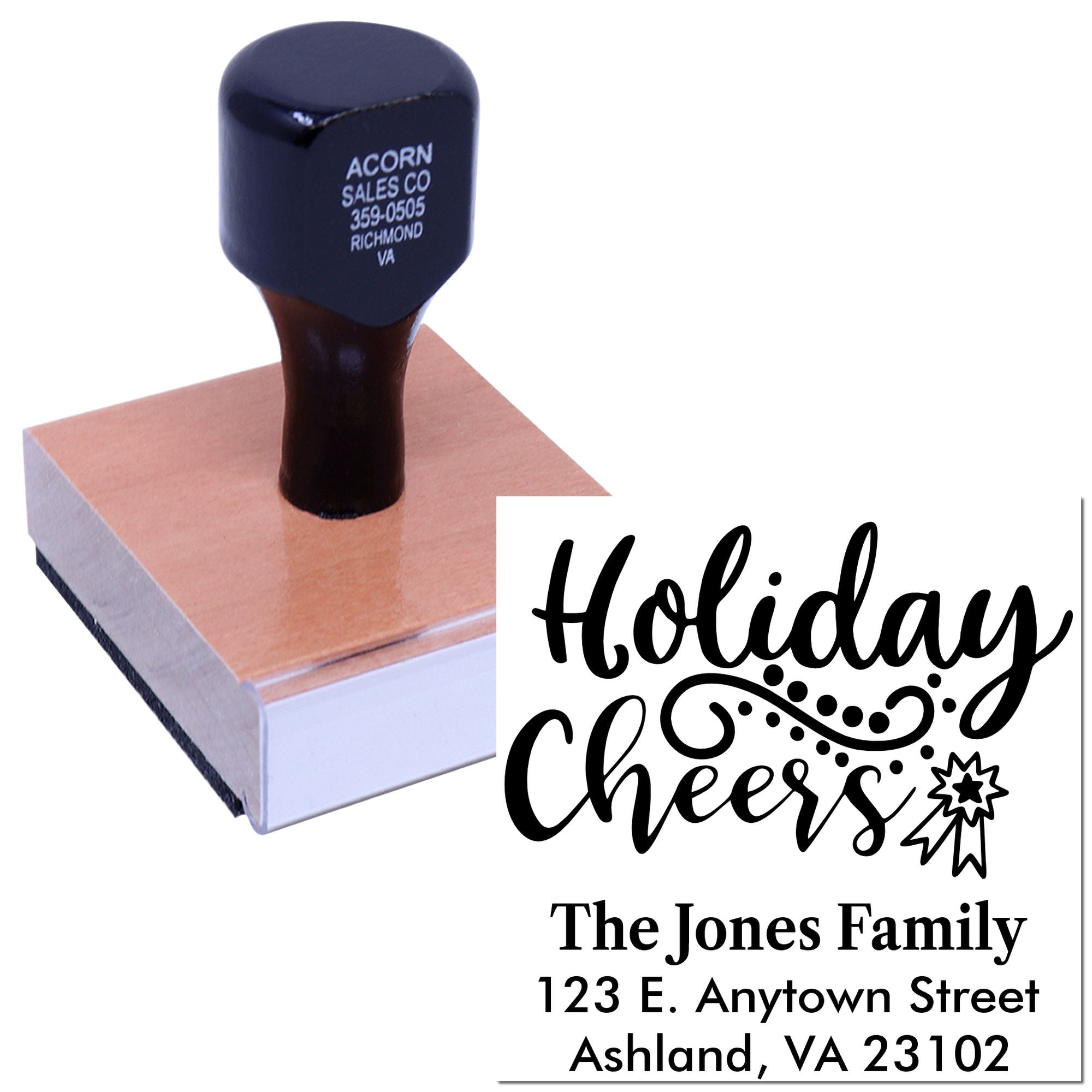Custom holiday address rubber stamp with Holiday Cheers and The Jones Family return address for festive card envelopes.