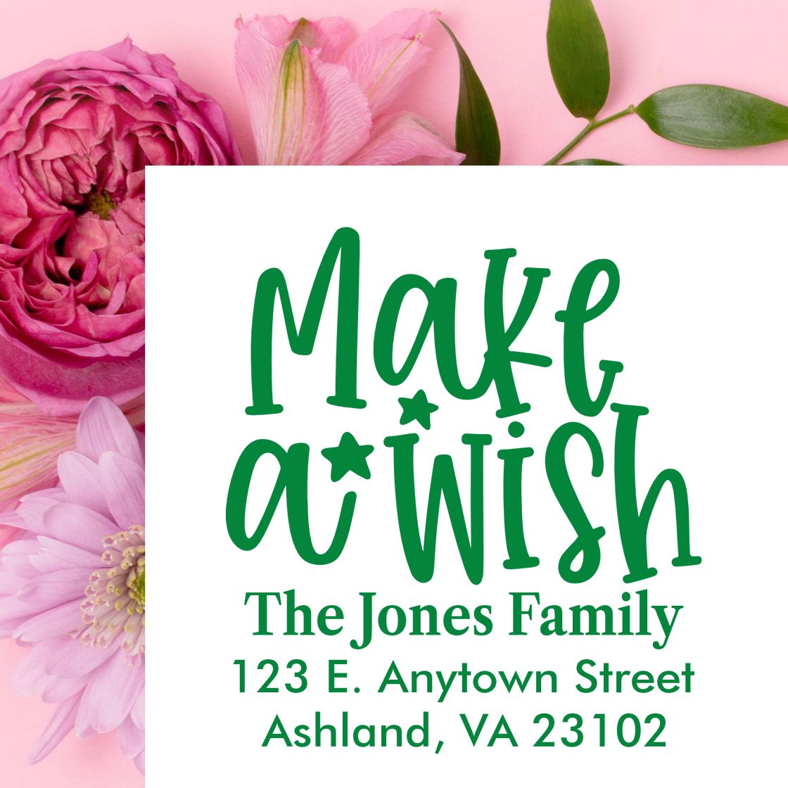 Custom floral Make a Wish family return address rubber stamp with personalized name and mailing address.