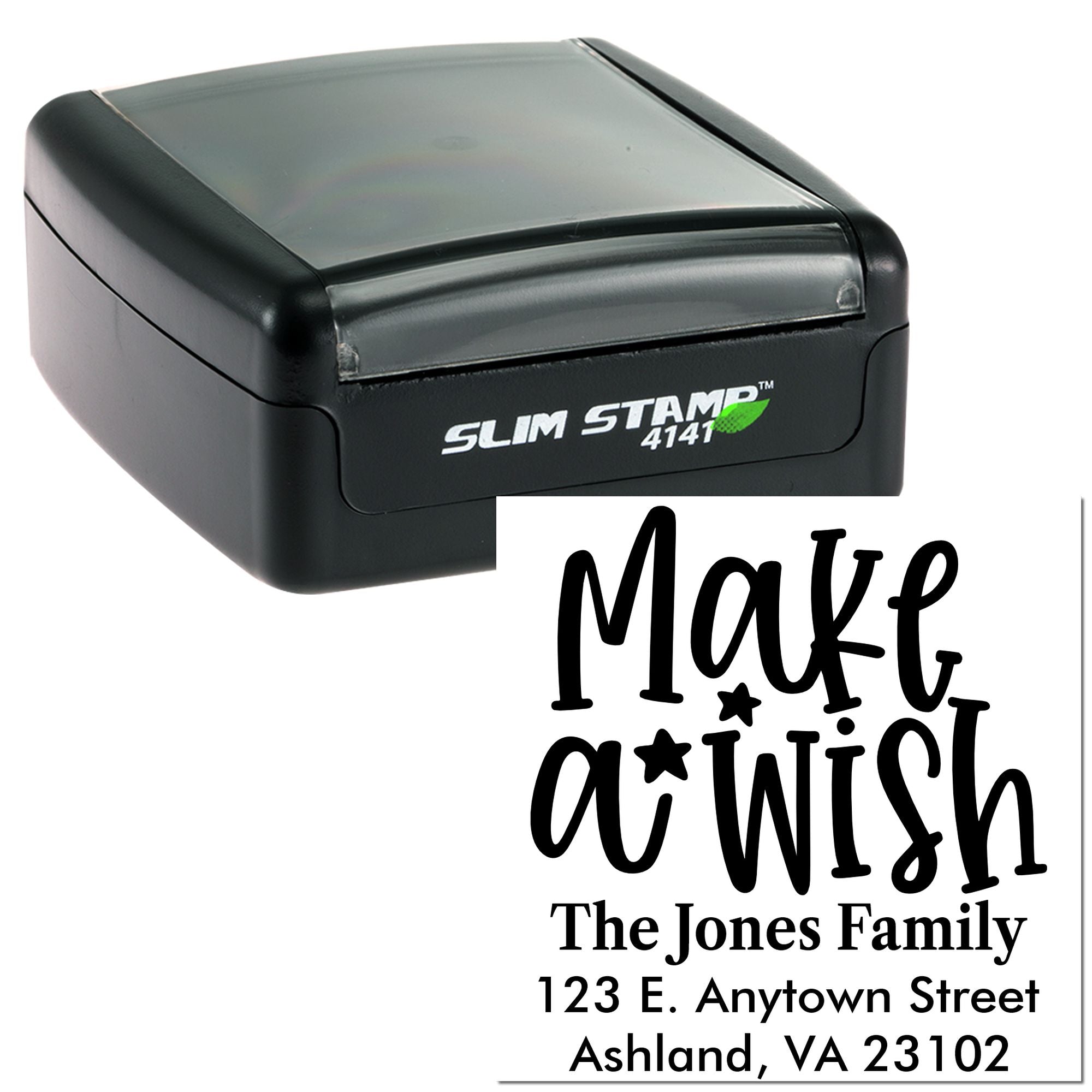 Custom self-inking return address rubber stamp with Slim Stamp case and personalized family address design.