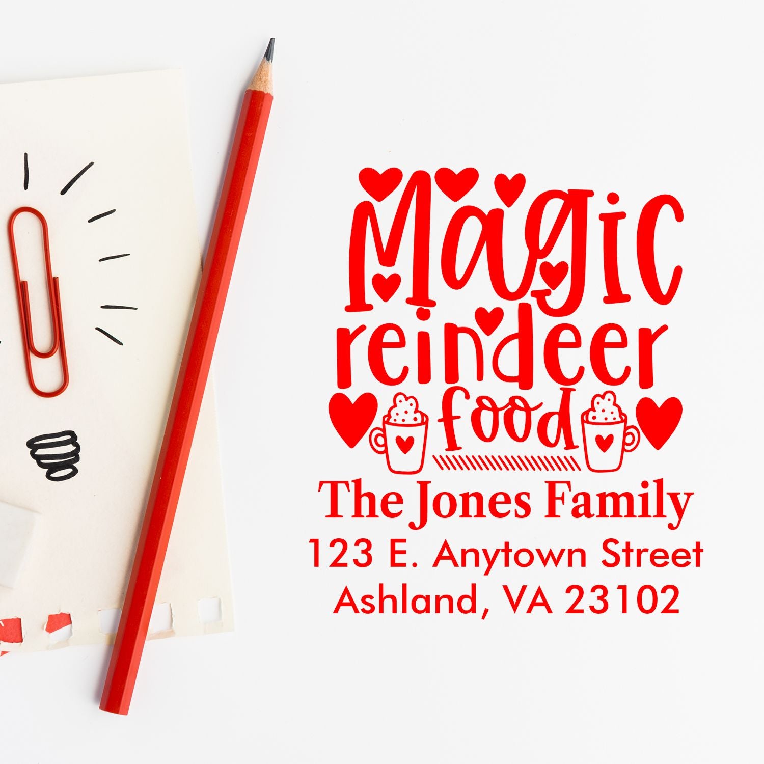 Personalized Magic Reindeer Food rubber stamp with family name and address for Christmas gift tags and holiday crafts.