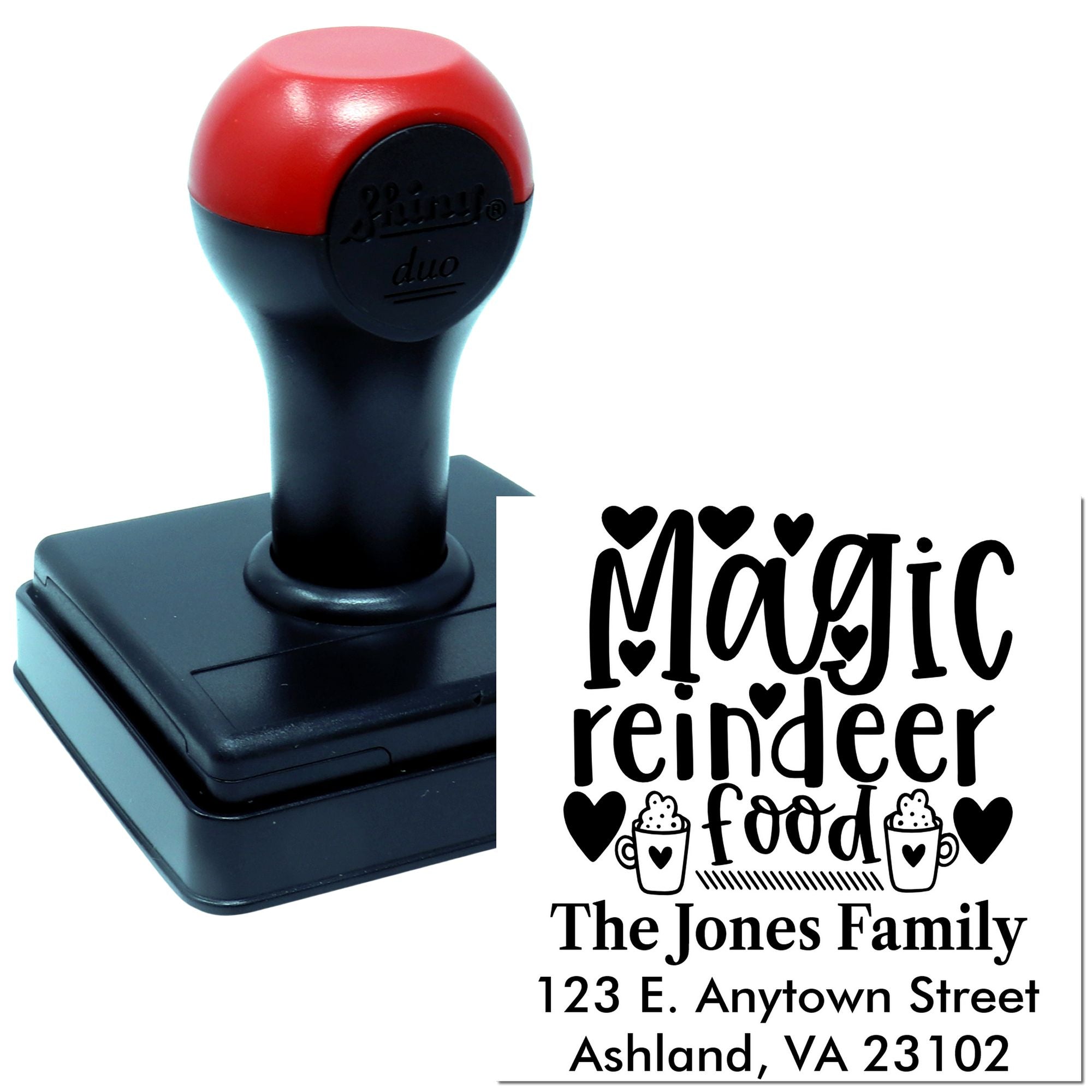 Custom self-inking rubber stamp for Magic Reindeer Food labels, personalized with family name and address.