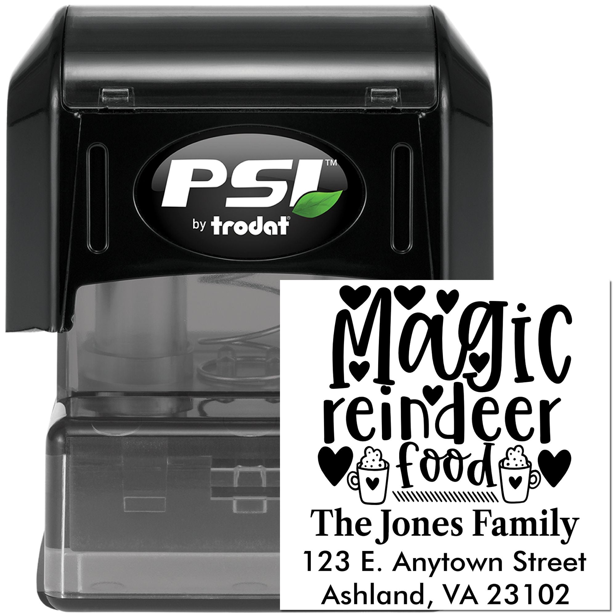 Custom PSI by Trodat self-inking rubber stamp with Magic Reindeer Food holiday return address design.