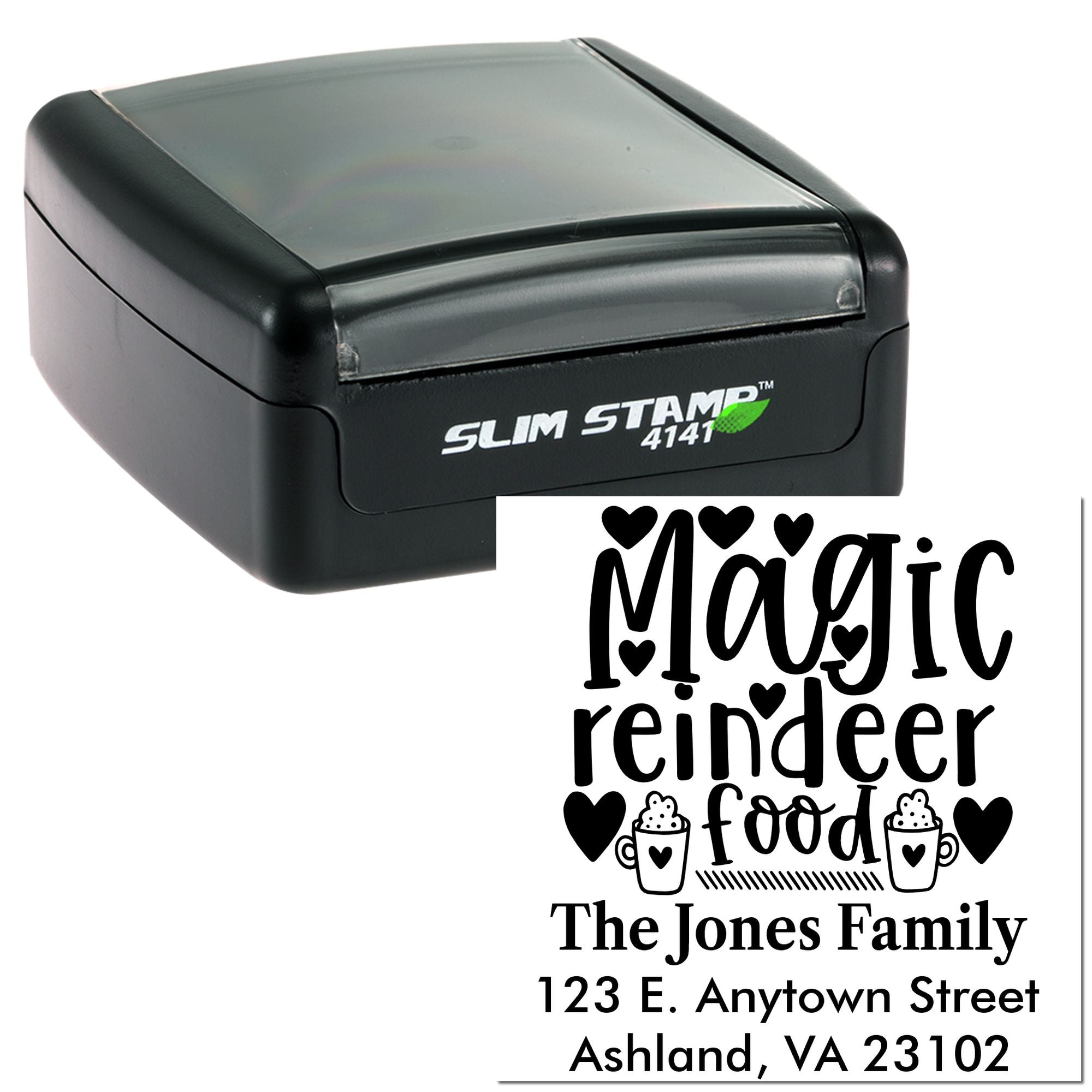Self-inking rubber stamp with custom Magic Reindeer Food holiday address design and family name personalization.