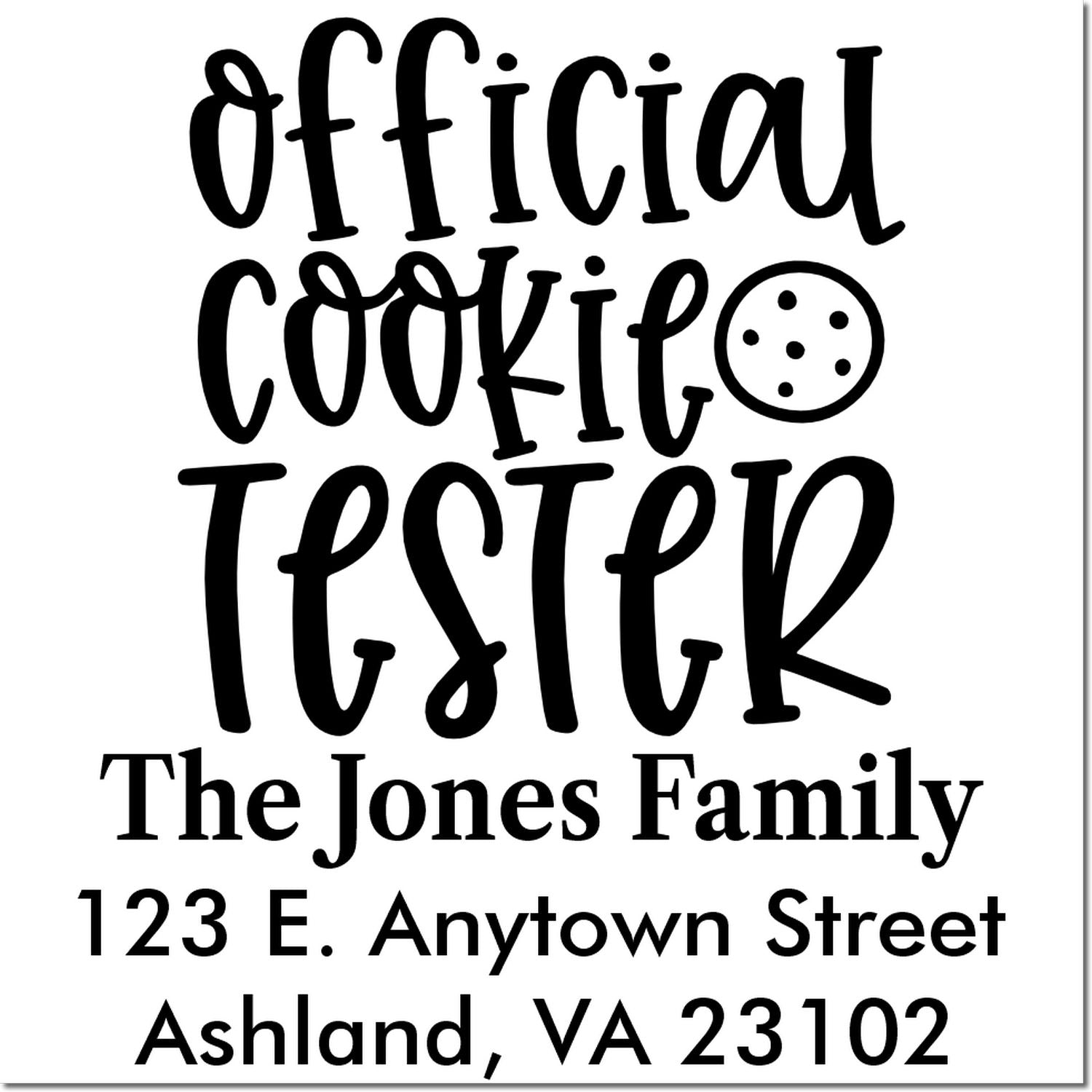 Personalized official cookie tester rubber stamp design with name and address for custom baking gifts.