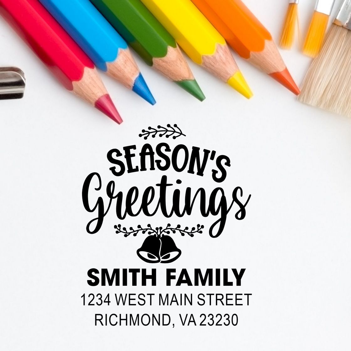 Personalized Seasons Greetings rubber stamp with Smith family name and return address for holiday cards and mailings.
