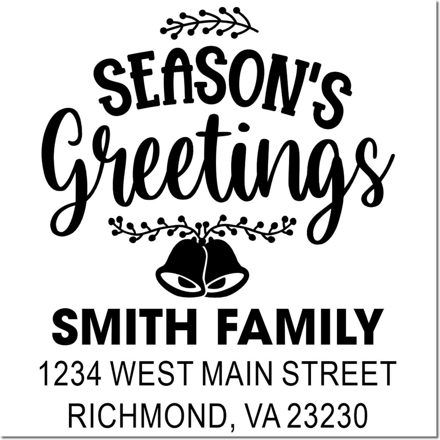 Custom holiday rubber stamp with Seasons Greetings, Smith Family name, and Richmond, VA return address for cards.