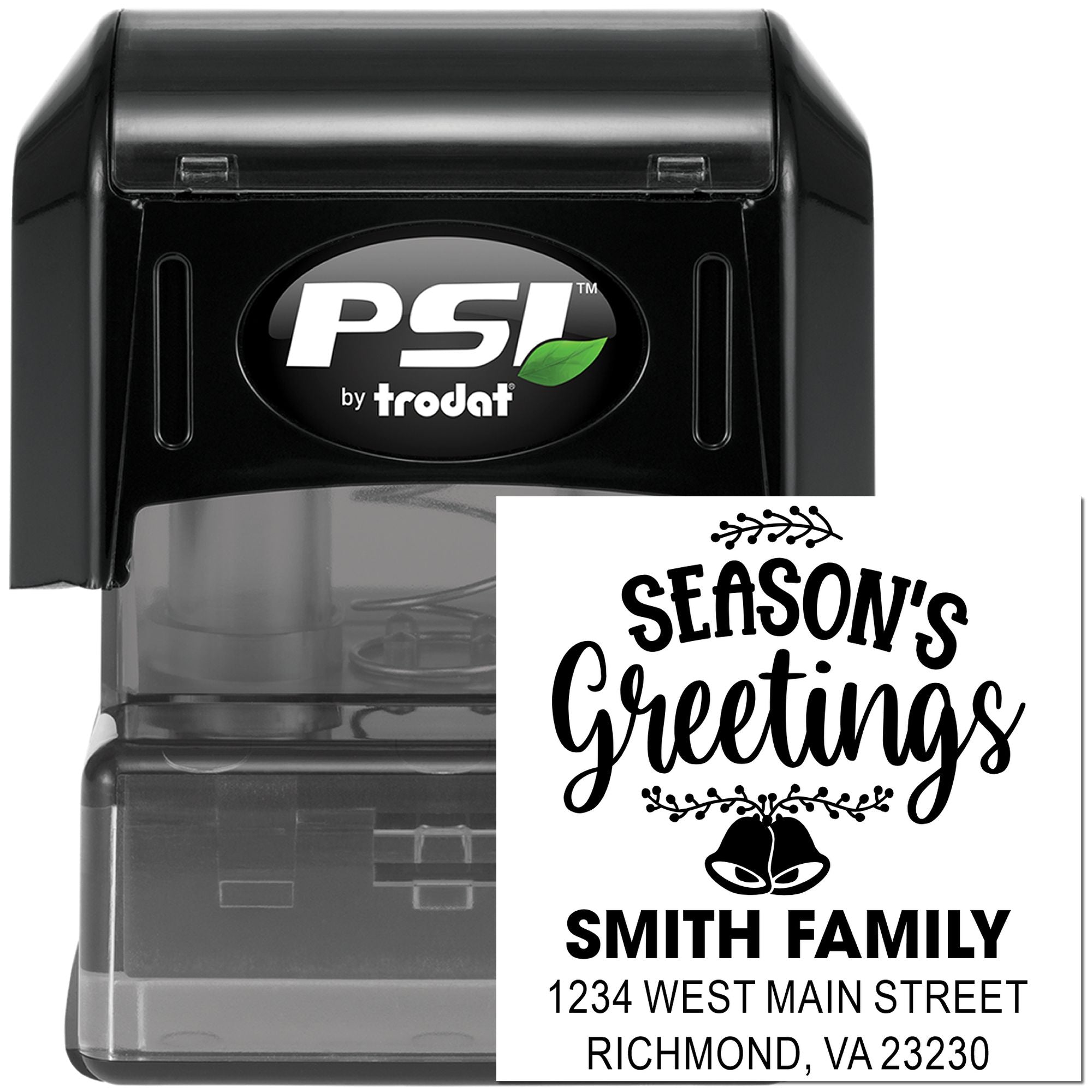 Custom self-inking rubber stamp with festive Seasons Greetings design and Smith family return address, PSI by Trodat.