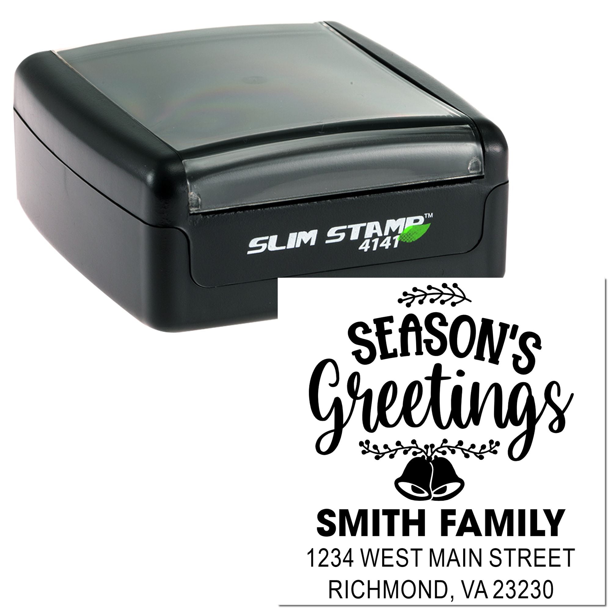 Custom self-inking address rubber stamp with seasonal greetings, ideal for holiday cards, envelopes, and family mailings.