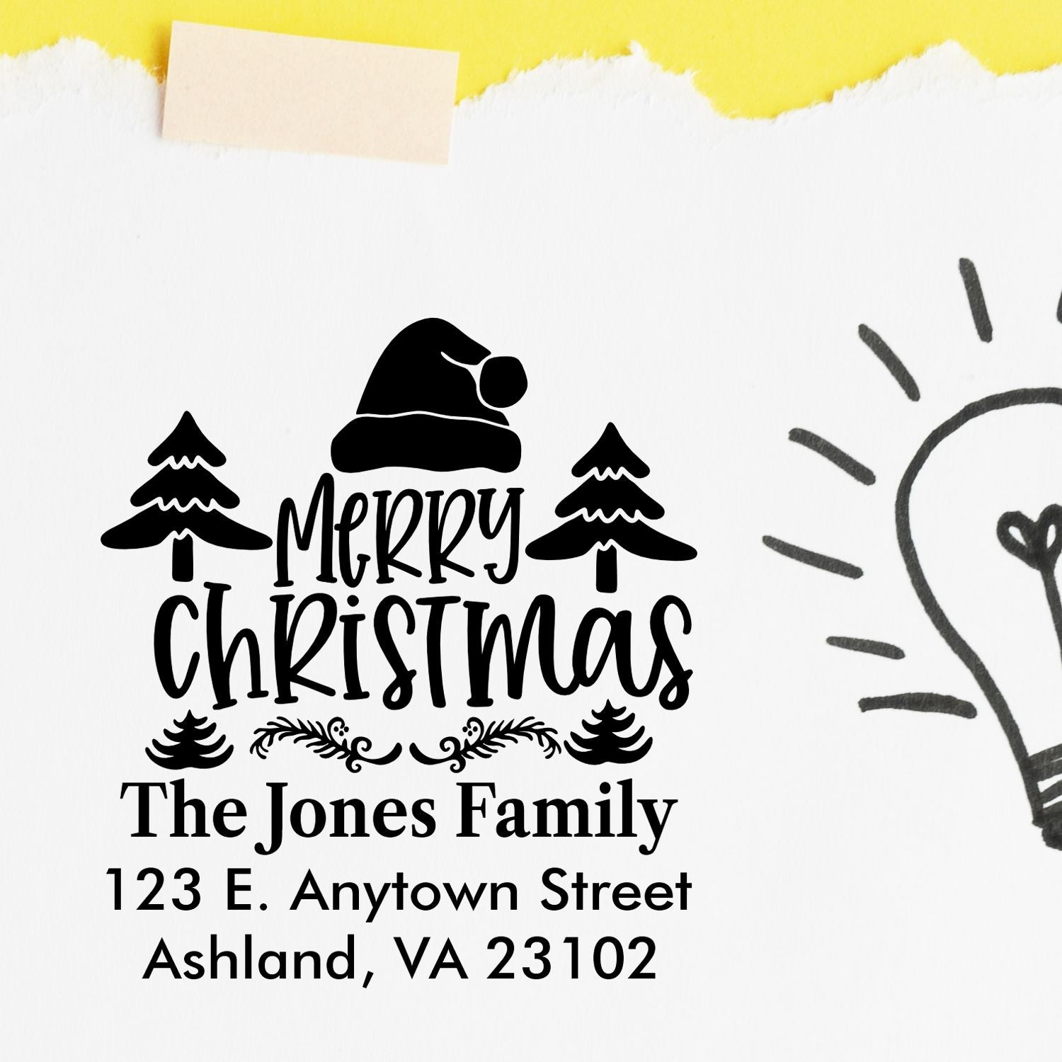 Custom personalized Merry Christmas address stamp with family name, trees, and Santa hat for holiday cards.