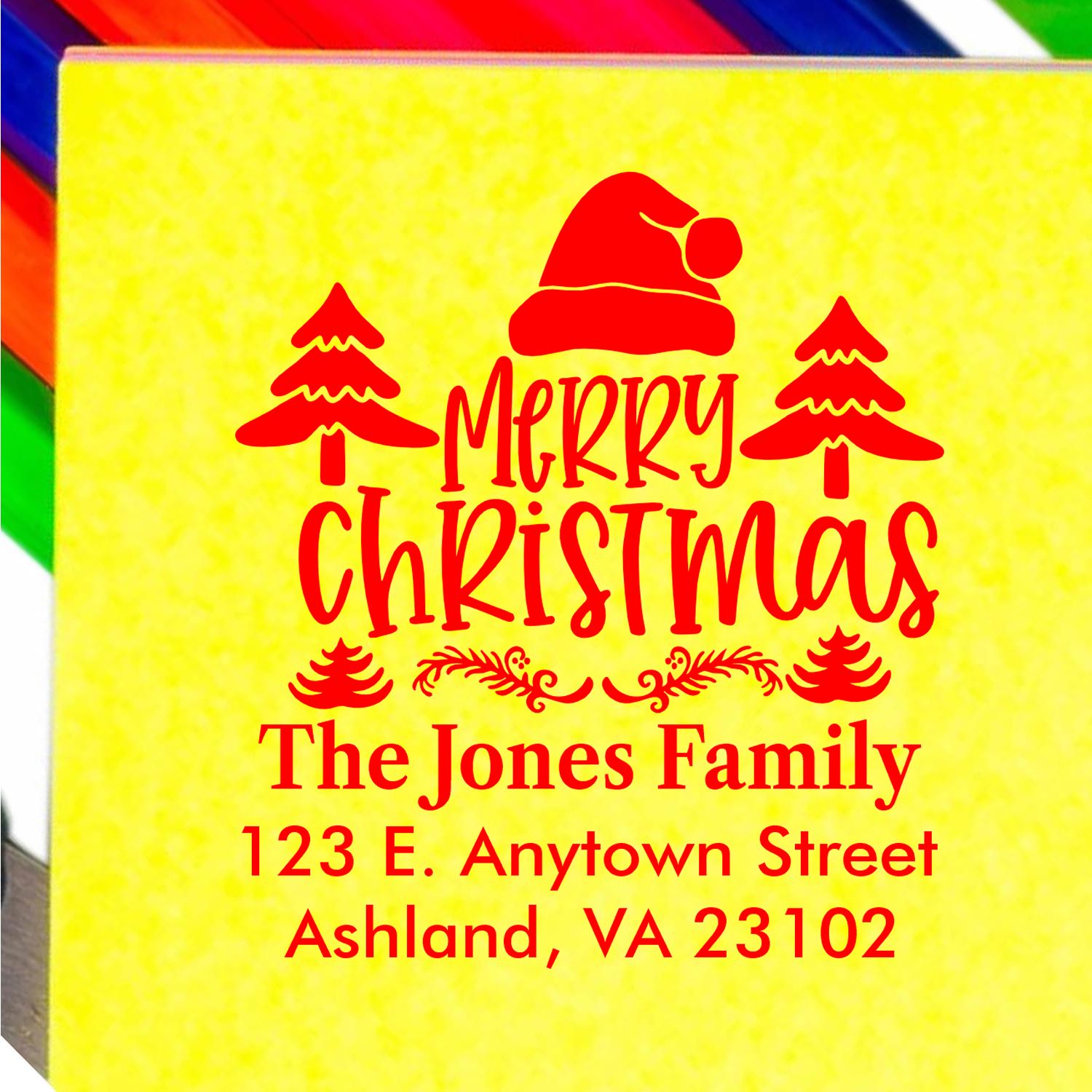 Custom Merry Christmas return address rubber stamp for holiday cards, featuring the Jones Family and festive trees.