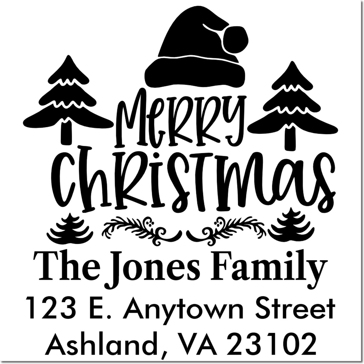 Custom Merry Christmas rubber stamp with Santa hat, trees, family name, and return address for holiday cards and mail.