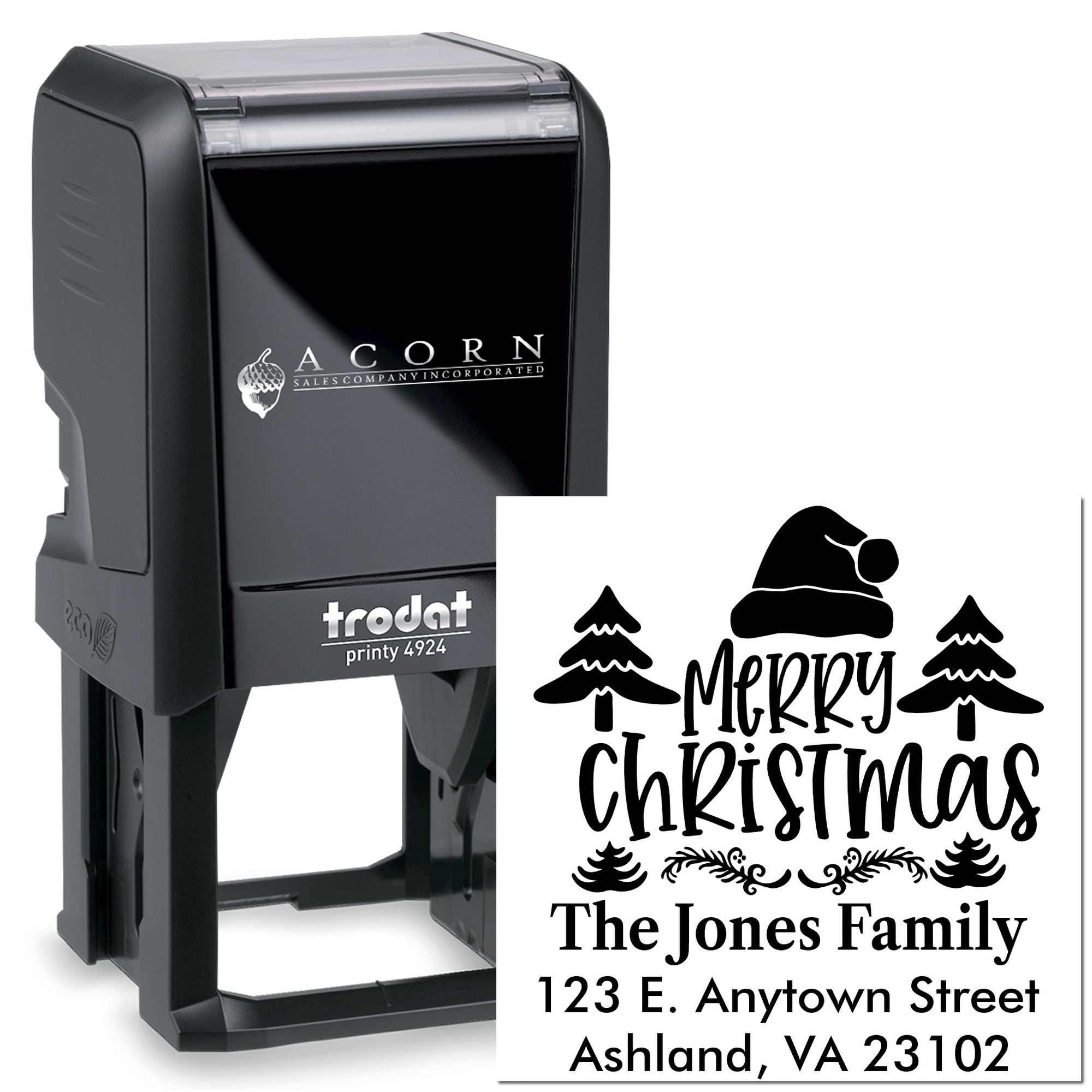 Personalized self-inking rubber stamp for Christmas cards and return addresses with Merry Christmas family design.