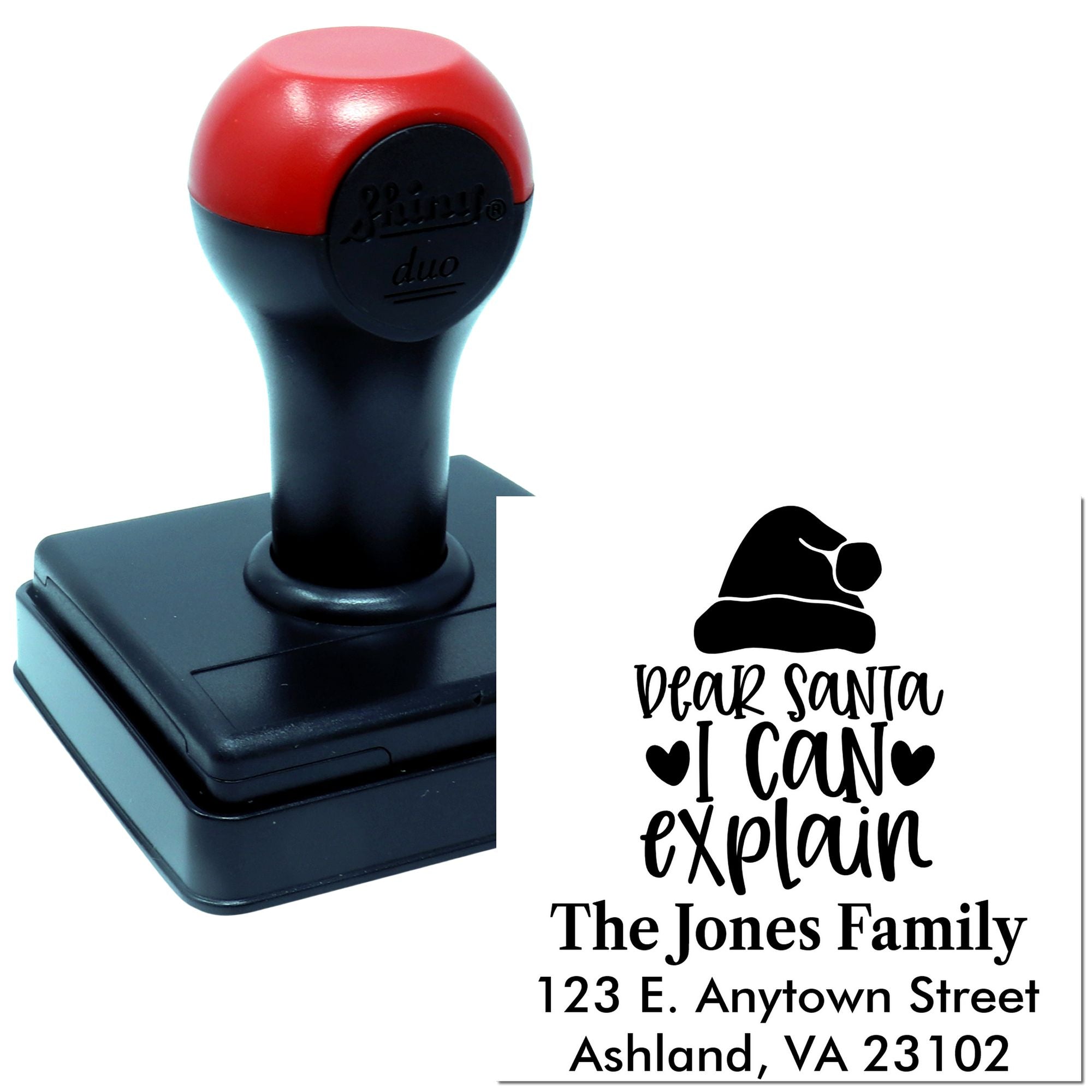 Custom self-inking rubber stamp with Dear Santa I Can Explain holiday return address design for personalized family Christmas cards.