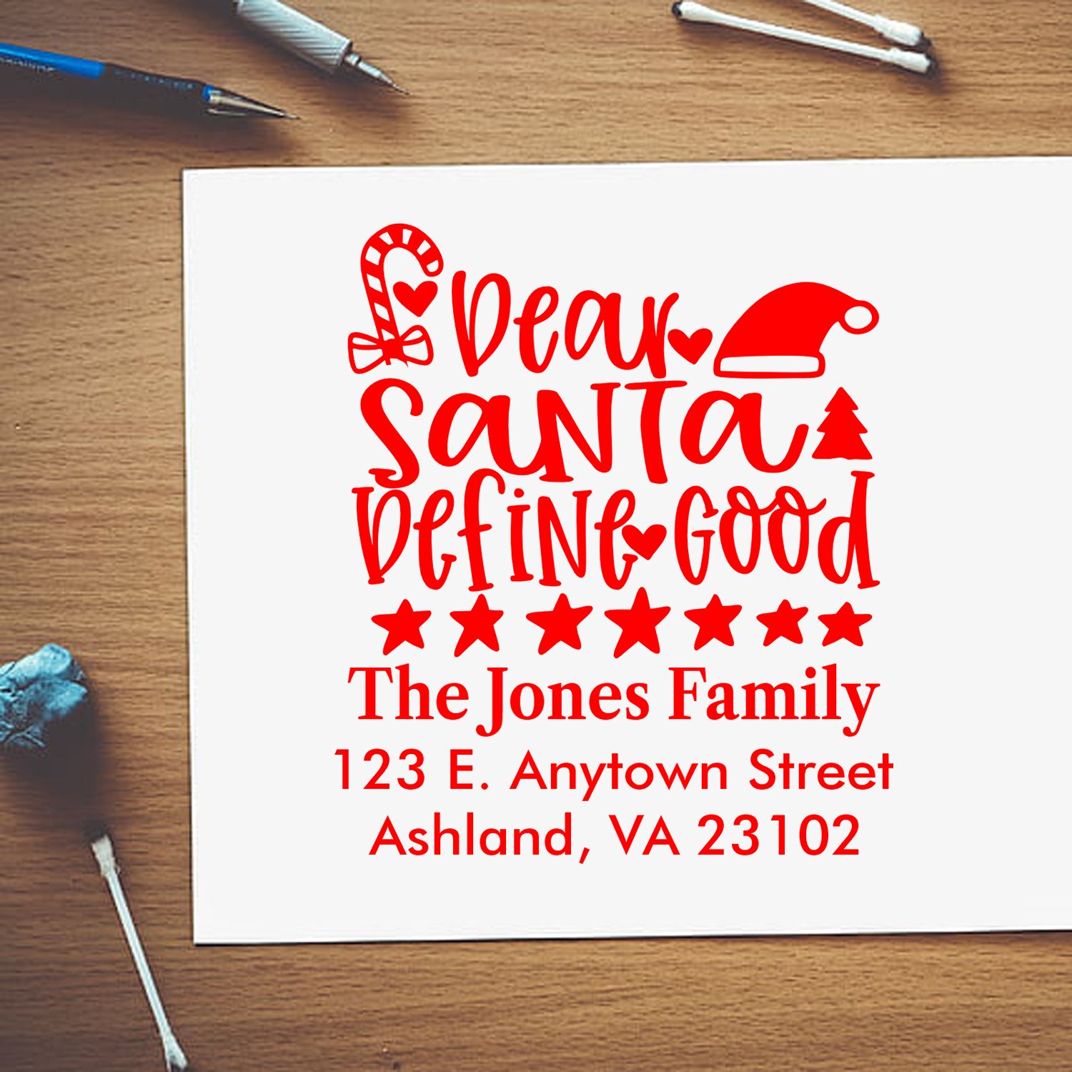 Custom Dear Santa Christmas return address rubber stamp design with candy cane, Santa hat, and family name.