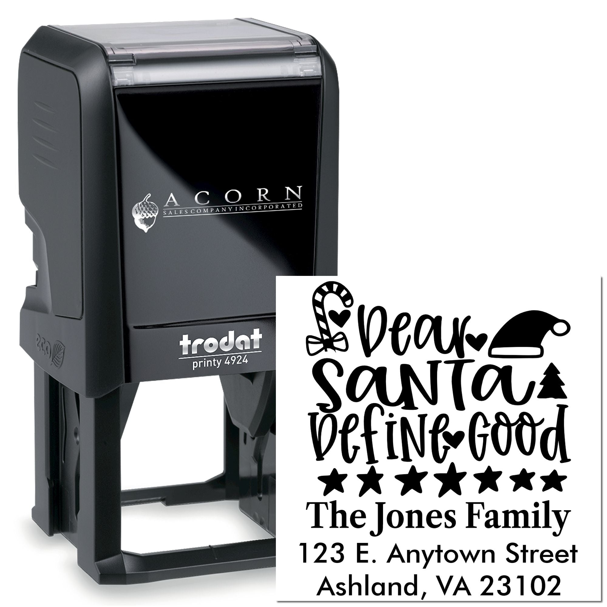 Custom self-inking rubber stamp for Christmas return addresses, featuring a Dear Santa family holiday mailing design.