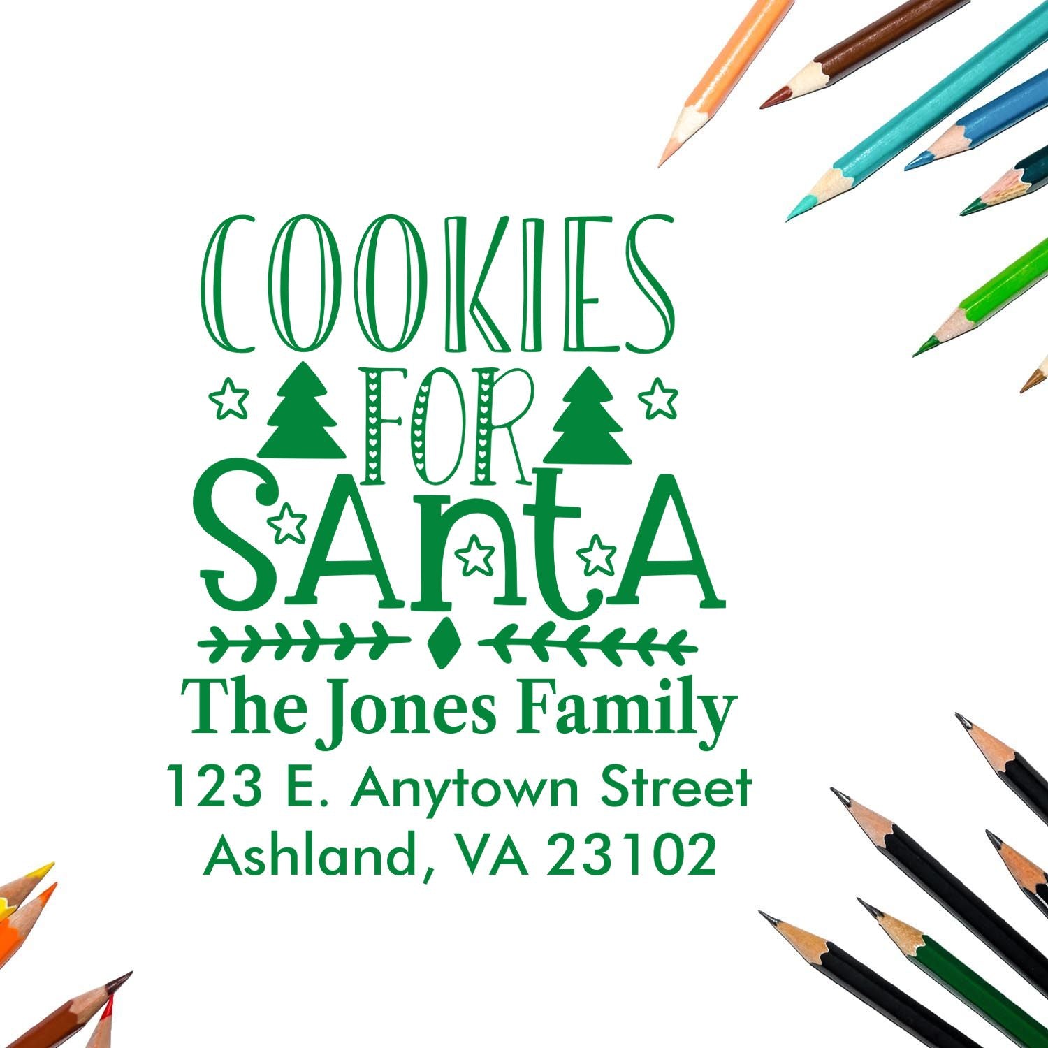 Personalized Cookies for Santa rubber stamp with family name and address for Christmas cookie gifting and holiday traditions.