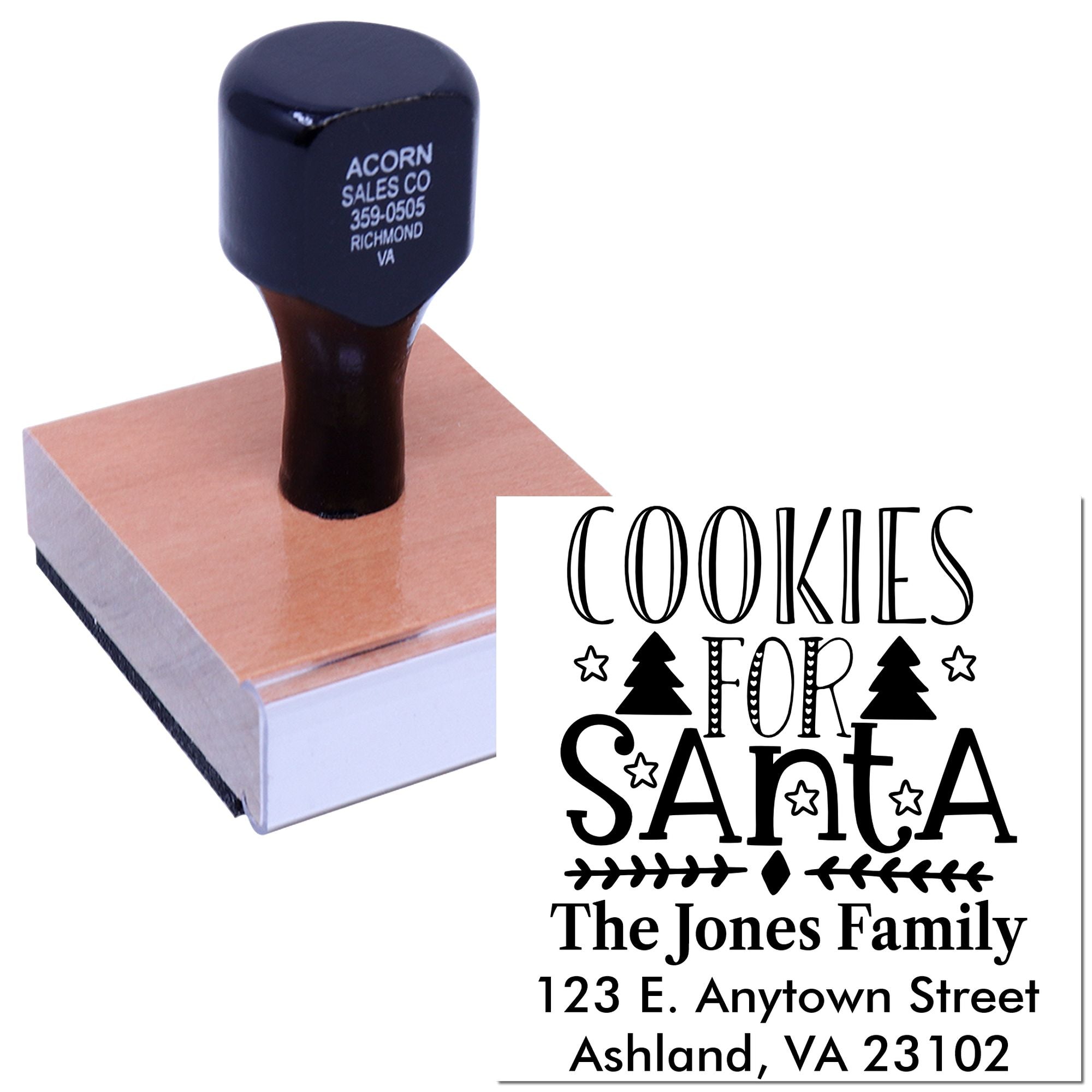 Custom Christmas cookie rubber stamp for Santa with family name and address, ideal for holiday packaging and baked goods.