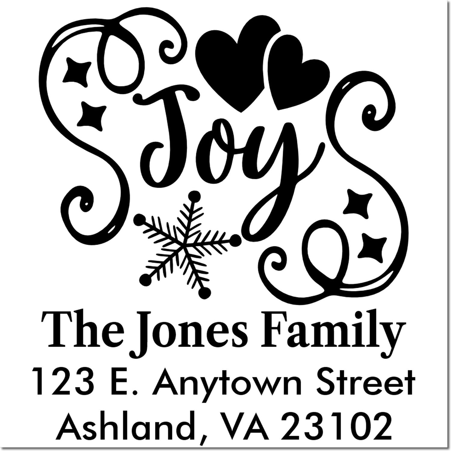 Custom family return address rubber stamp with Joy design, hearts, snowflake, and The Jones Family address.