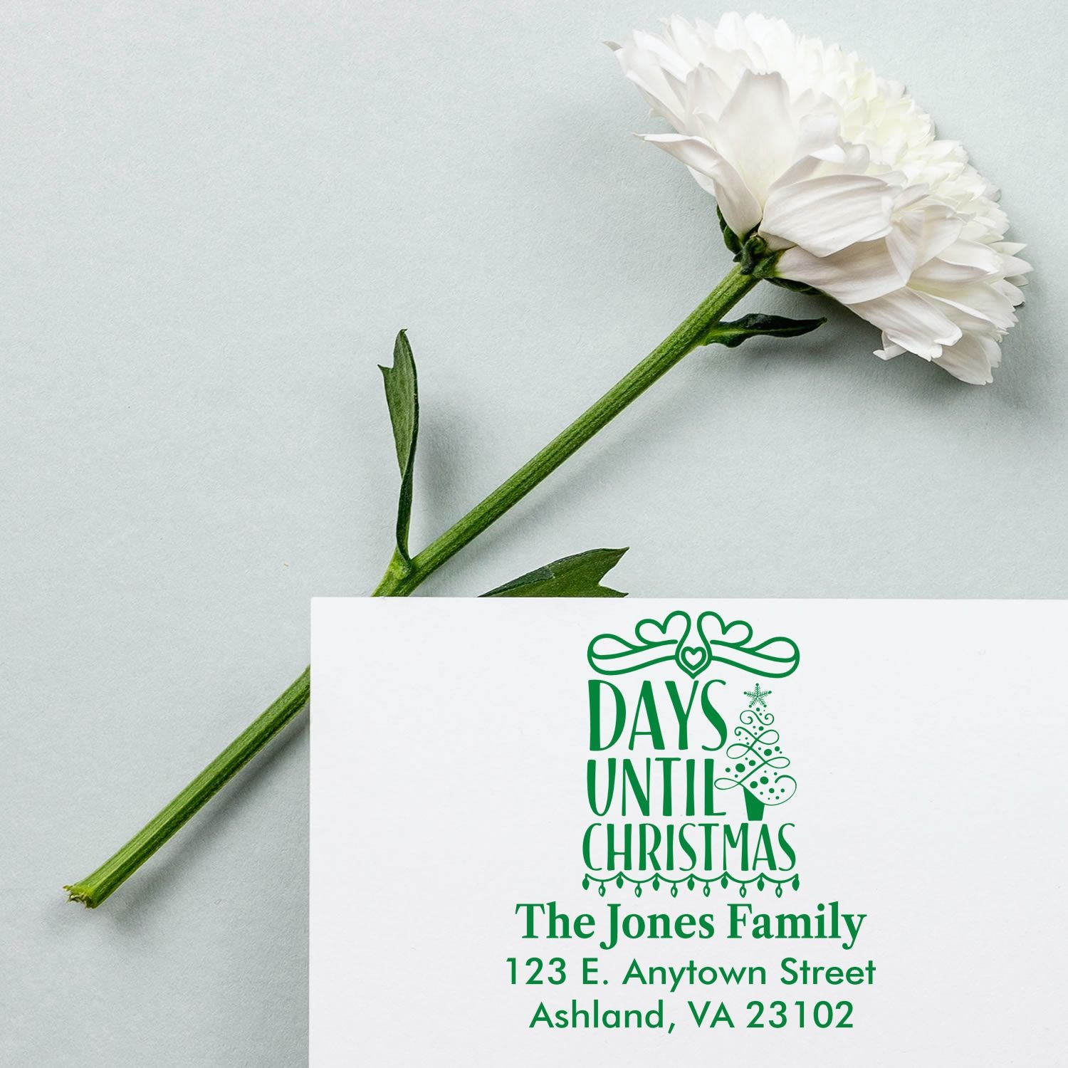Personalized Christmas return address rubber stamp with Days Until Christmas design for family holiday cards
