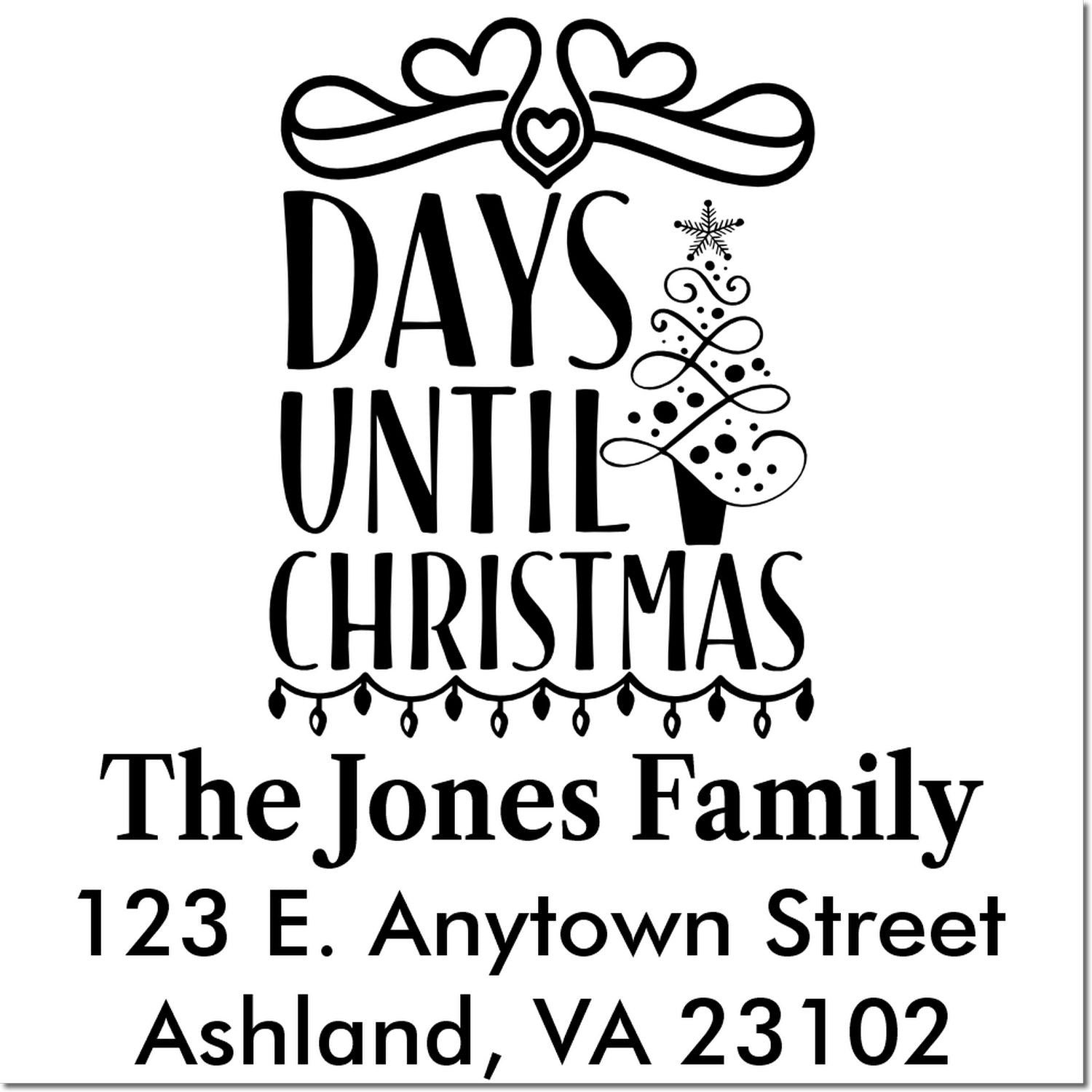 Custom Christmas return address rubber stamp with family name, address, and Days Until Christmas holiday tree design.