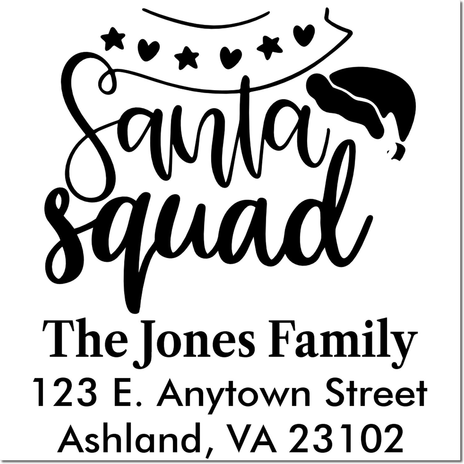 Custom Santa Squad address stamp with family name and return address, featuring festive Santa hat and stars-and-hearts design.