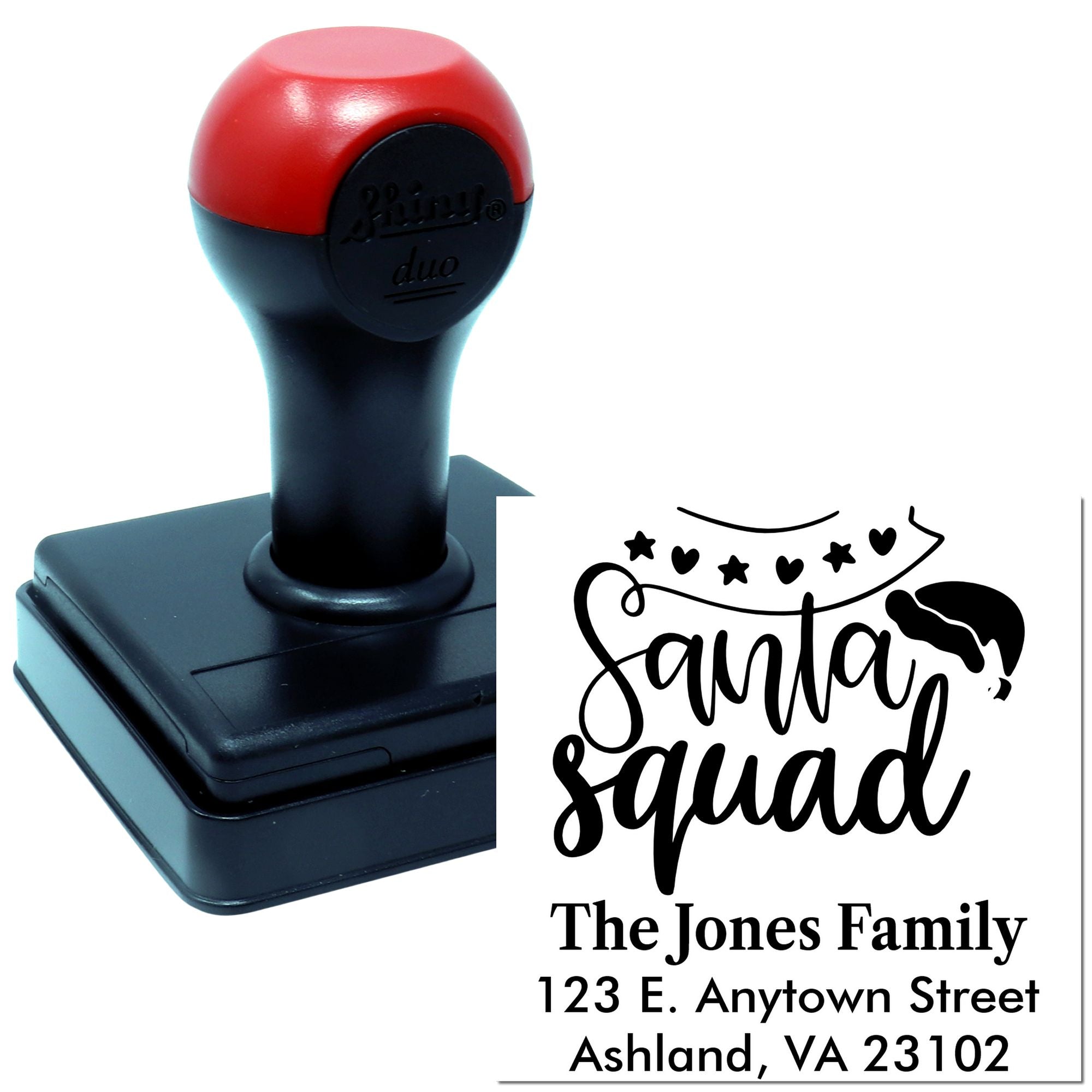 Self-inking Santa Squad rubber stamp with personalized family name and address for holiday mailing and packaging.