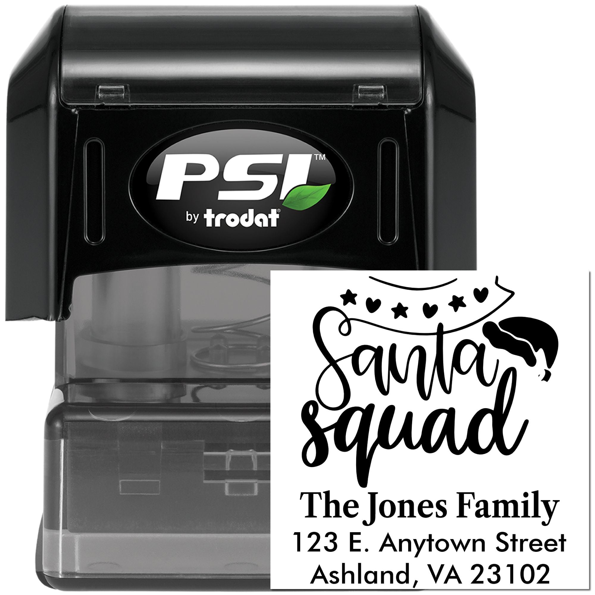Custom Santa Squad return address rubber stamp by PSI by Trodat for holiday cards, envelopes, and festive mailing.