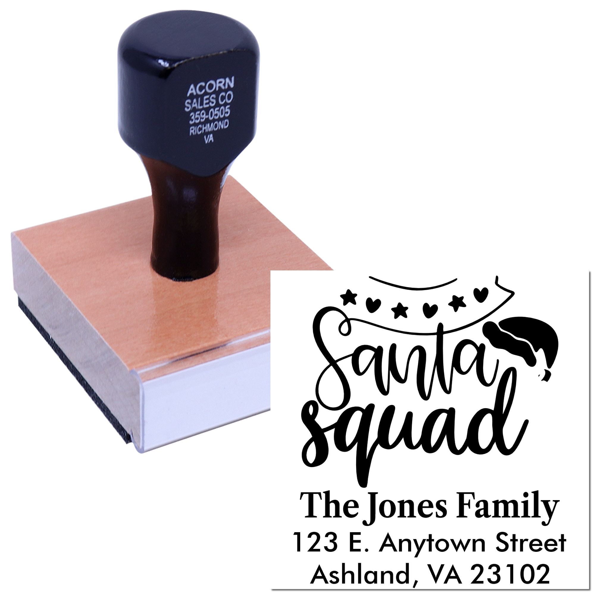 Custom Santa Squad return address rubber stamp for holiday cards, personalized with family name and address.