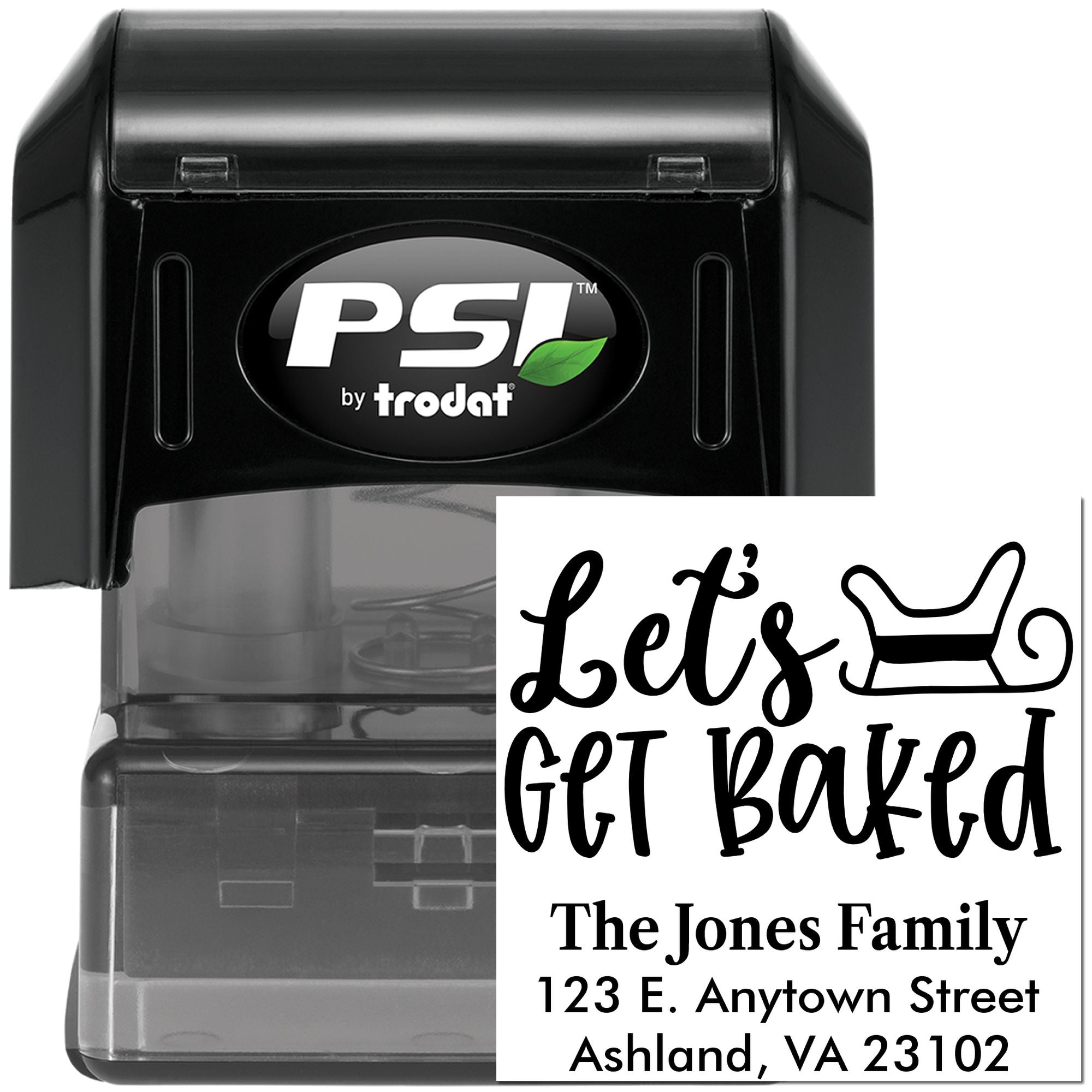 PSI by Trodat self-inking rubber stamp with custom Lets Get Baked family address design for personalized mailing