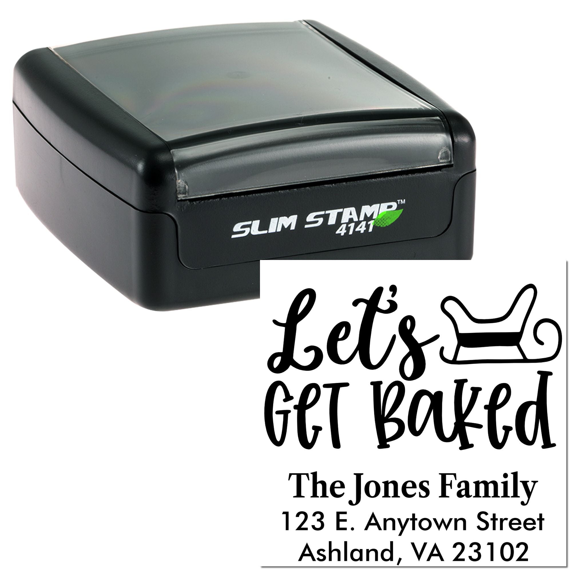 Custom self-inking rubber stamp with Lets Get Baked bakery design and return address for The Jones Family.
