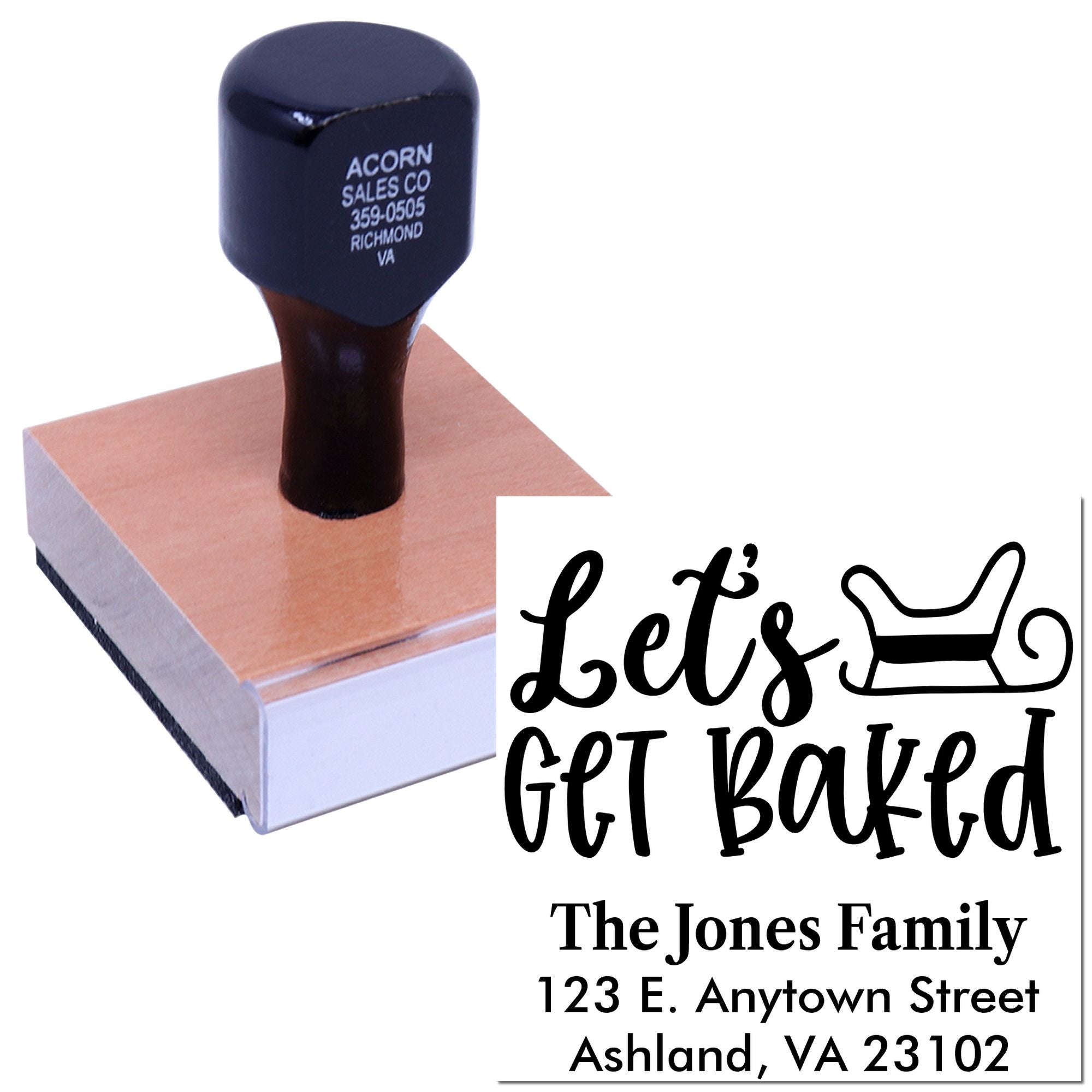 Custom rubber address stamp featuring Lets Get Baked design, family name, and return address for invitations.