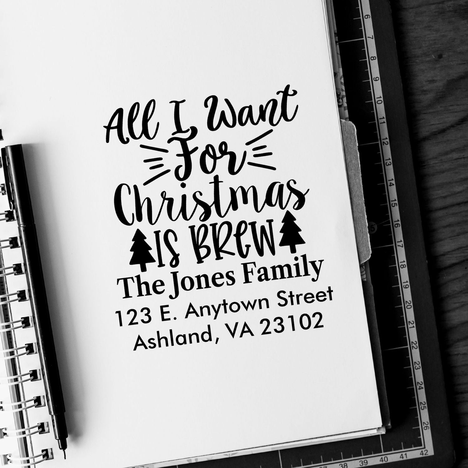 Personalized Christmas return address rubber stamp with All I Want for Christmas Is Brew and custom family address.