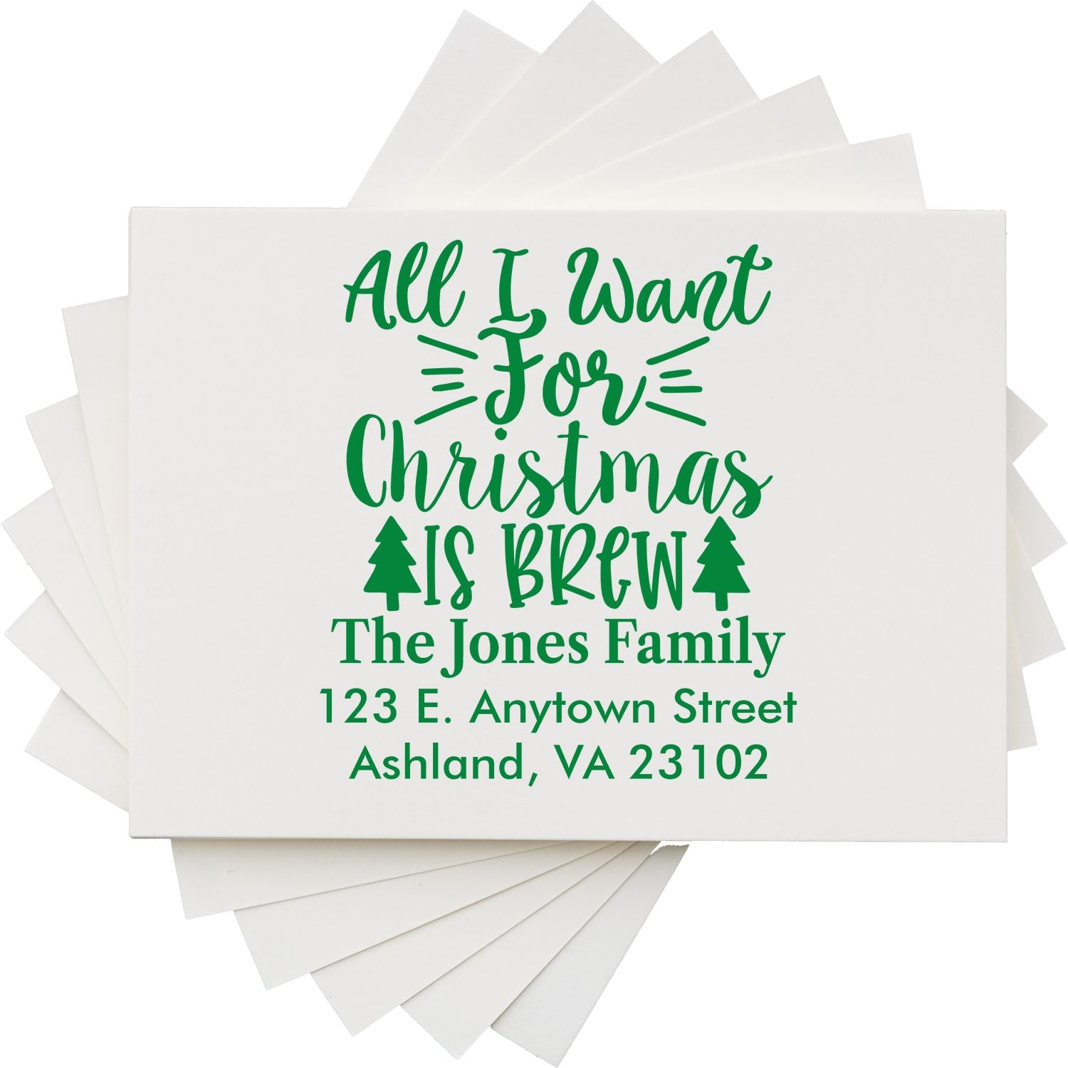 Custom Christmas return address rubber stamp with All I Want for Christmas Is Brew design for The Jones Family.