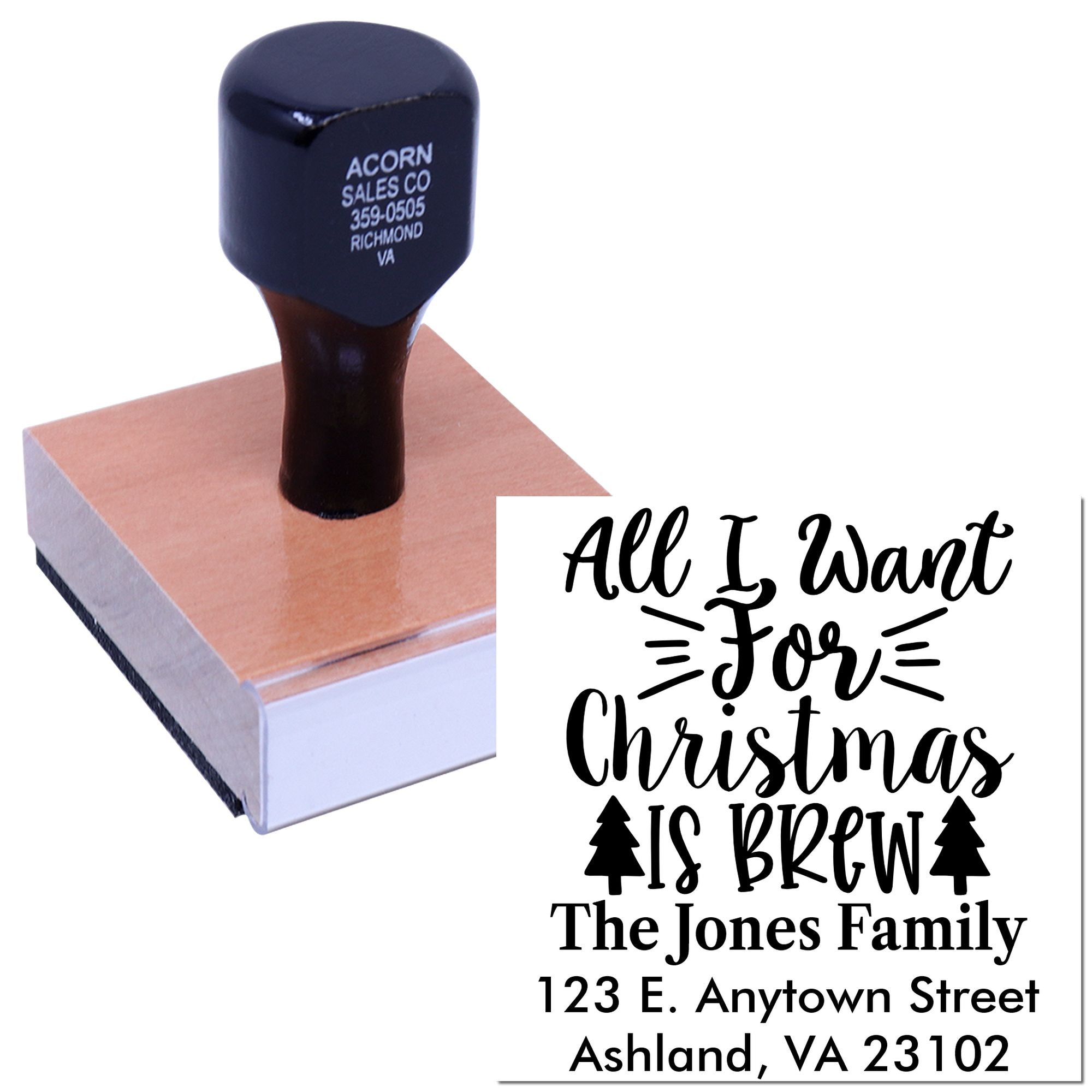 Custom Christmas rubber stamp with All I Want for Christmas Is Brew design and personalized return address.