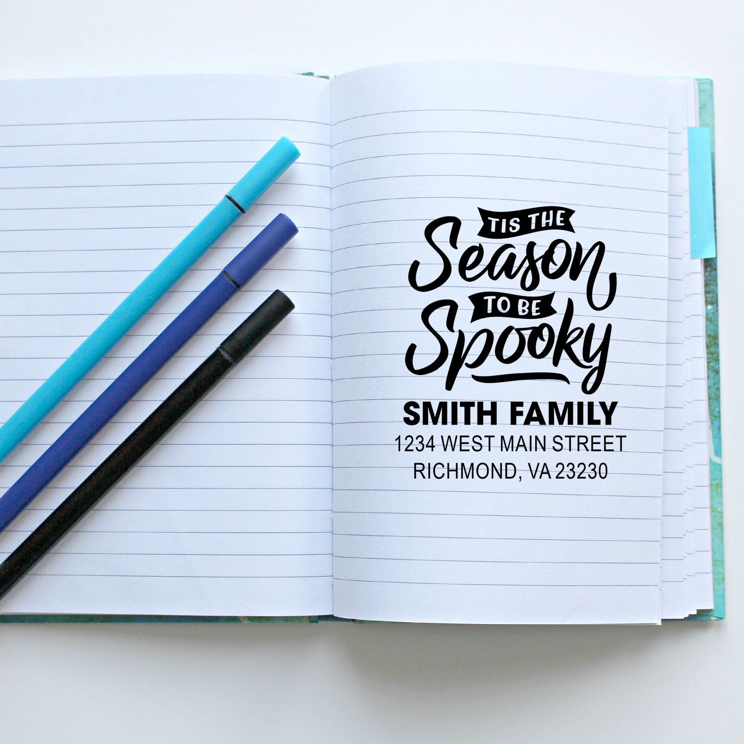 Halloween address rubber stamp design reading Tis the Season to be Spooky for Smith Family stationery and mailings