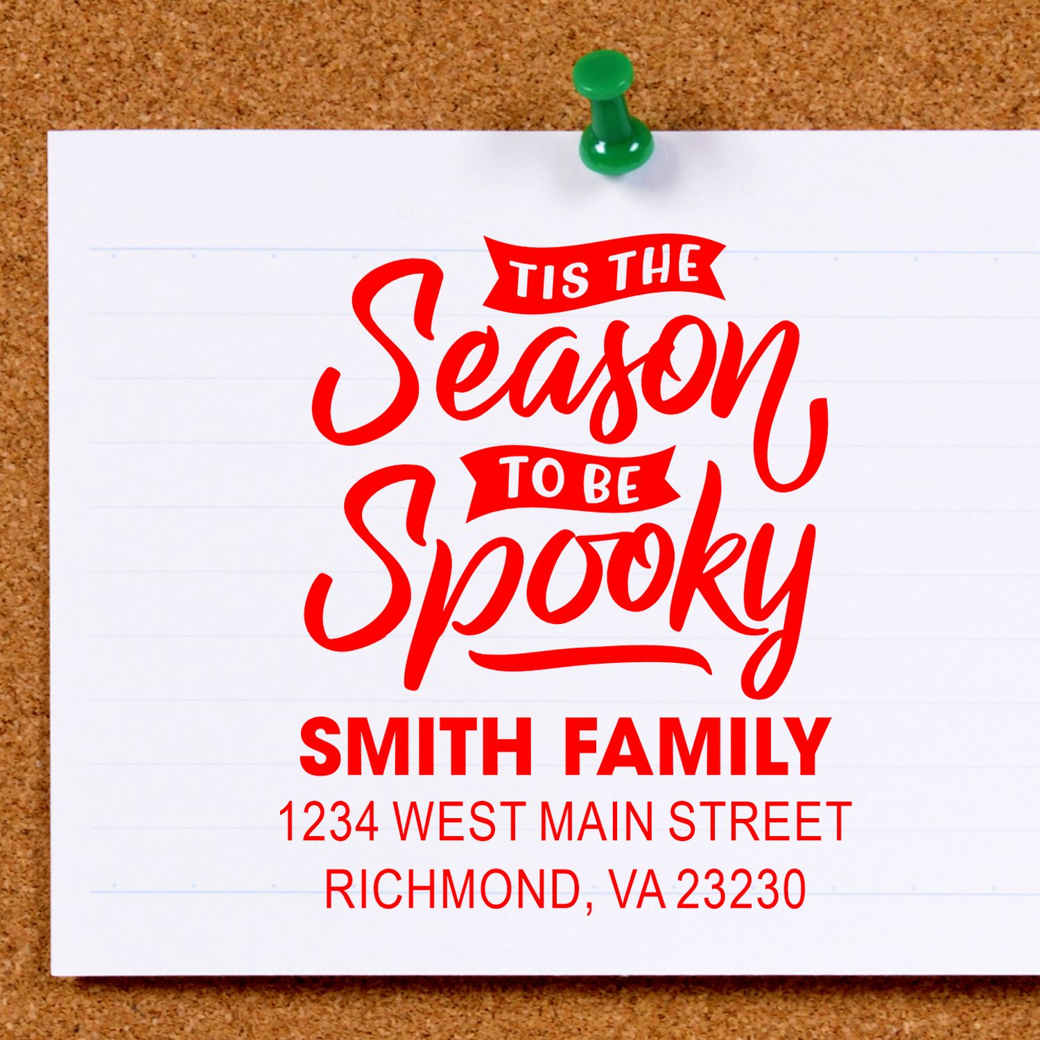 Personalized Halloween rubber stamp design reading Tis the Season to be Spooky with Smith Family address.