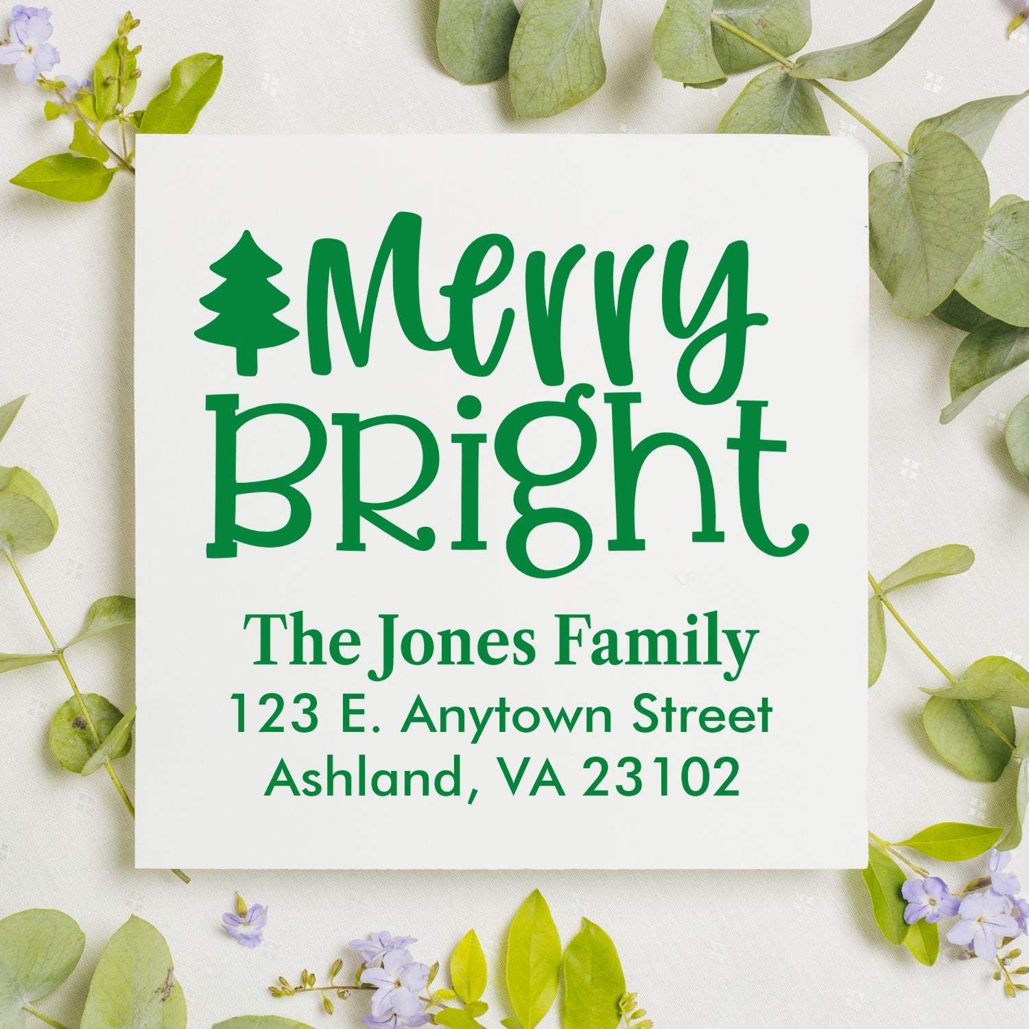 Personalized Merry Bright Christmas return address rubber stamp with family name and address for holiday mailing.
