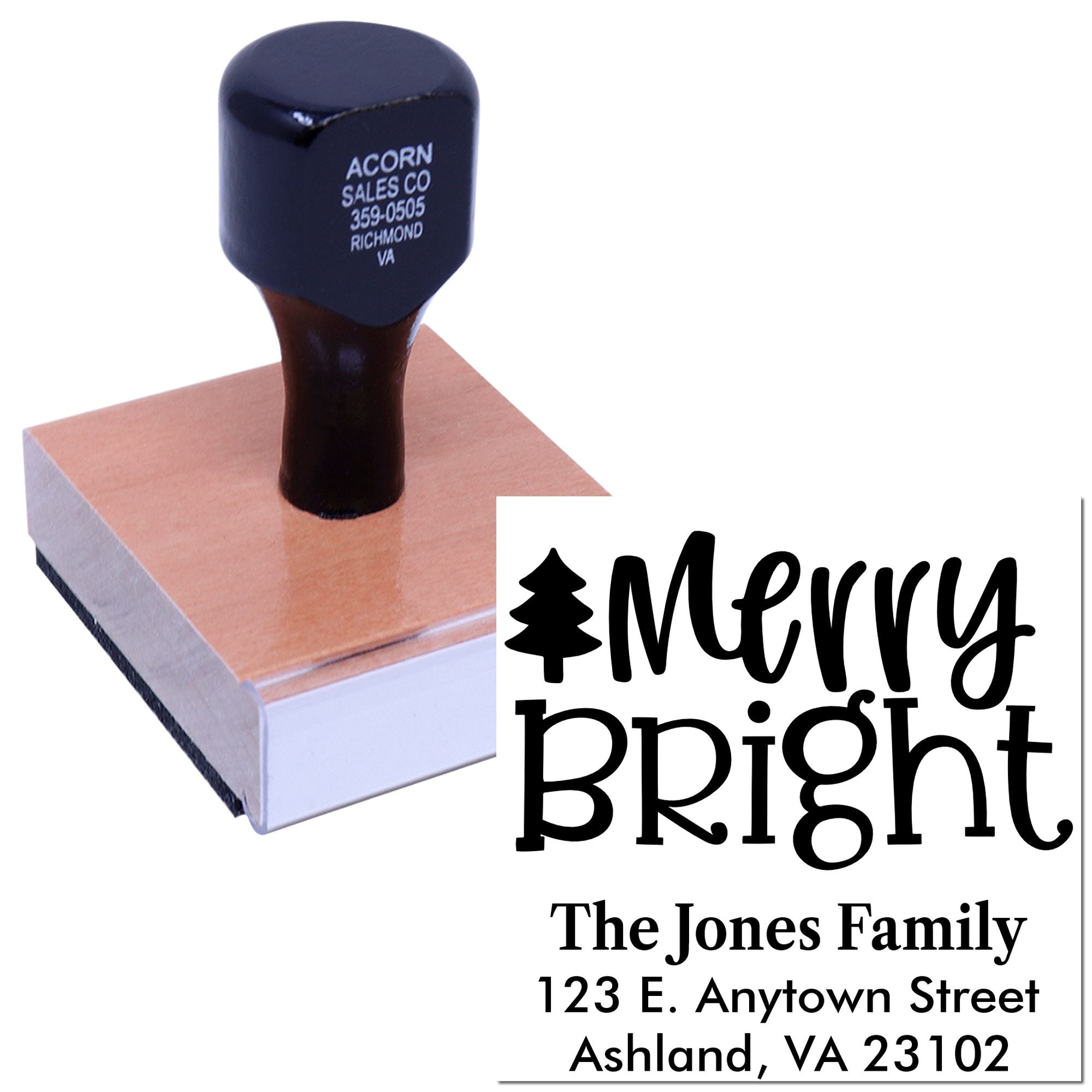 Personalized Christmas address rubber stamp with Merry Bright design for holiday cards and envelopes.