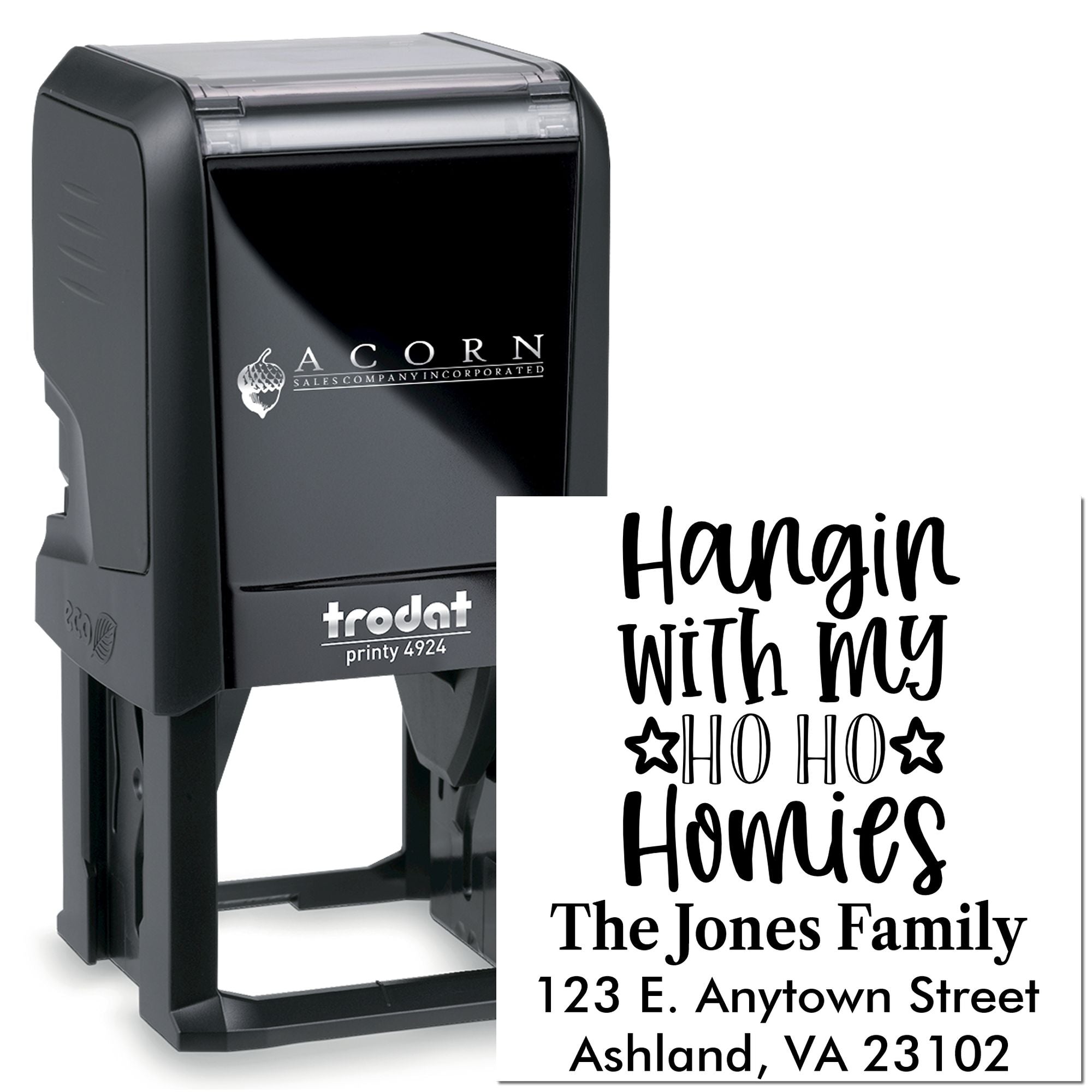 Custom self-inking address stamp with holiday Hangin with my Ho Ho Homies design for The Jones Family