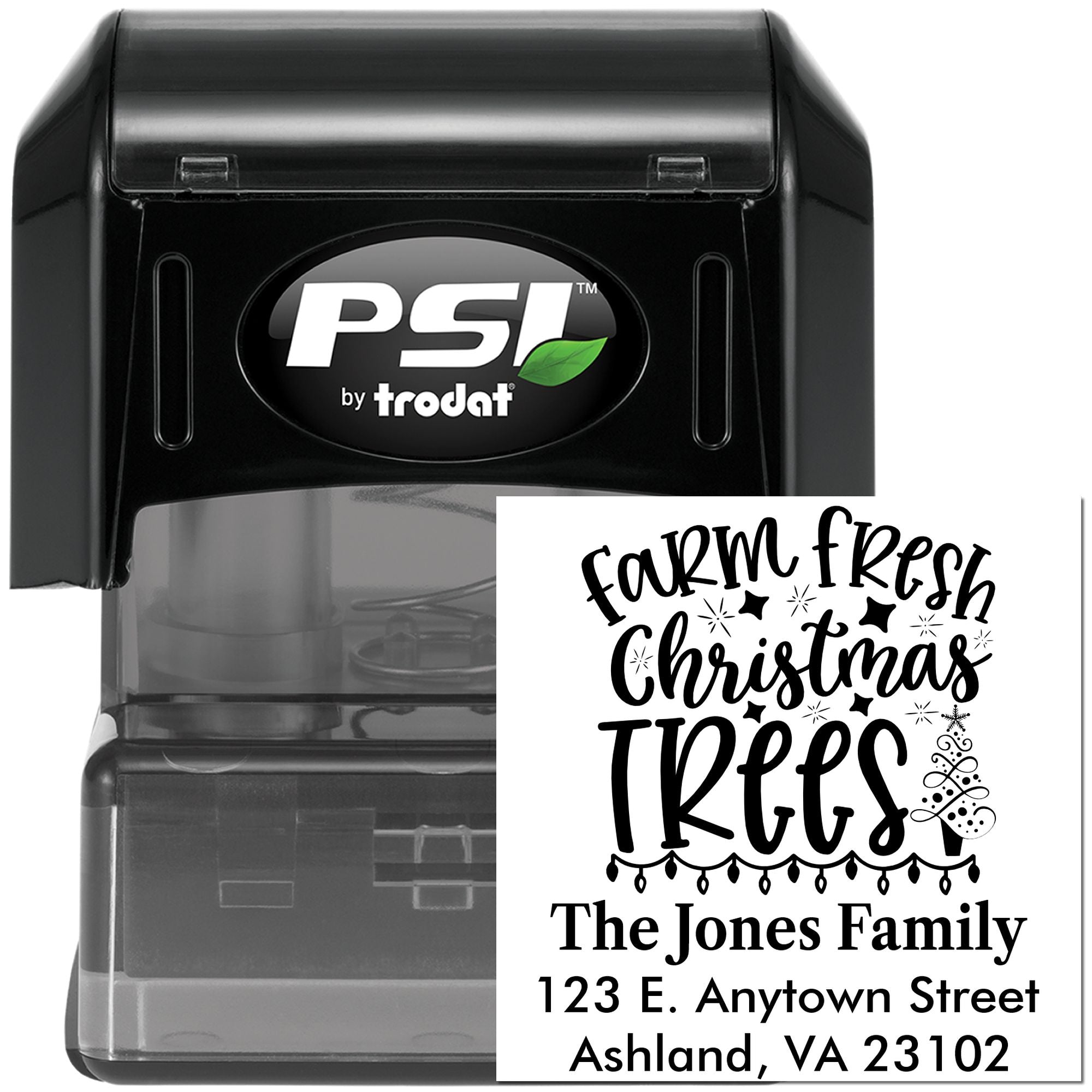 PSI by Trodat self-inking rubber stamp with custom Farm Fresh Christmas Trees return address design for holiday mailing labels.