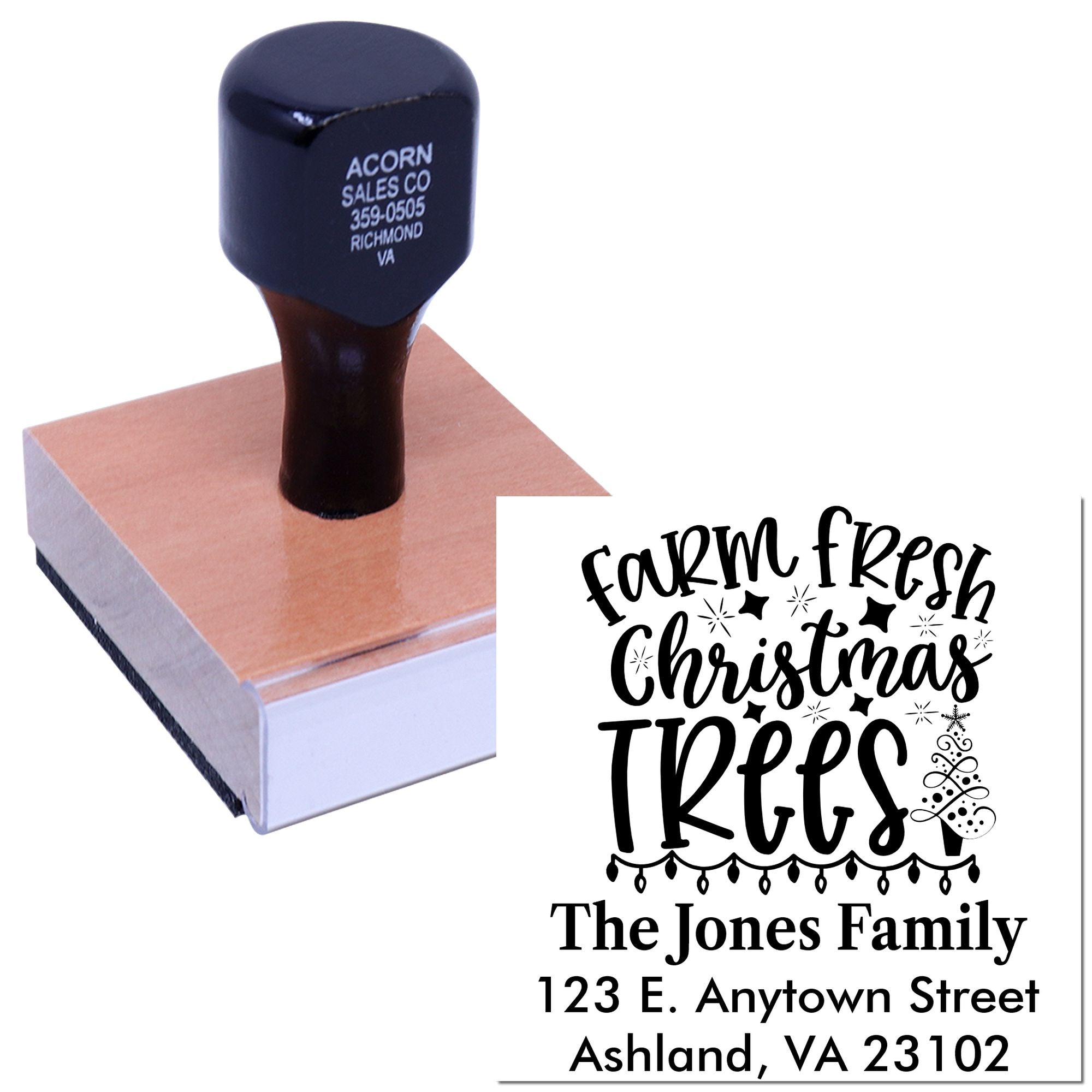 Personalized farm fresh Christmas trees rubber stamp with family name and address for holiday cards and packaging