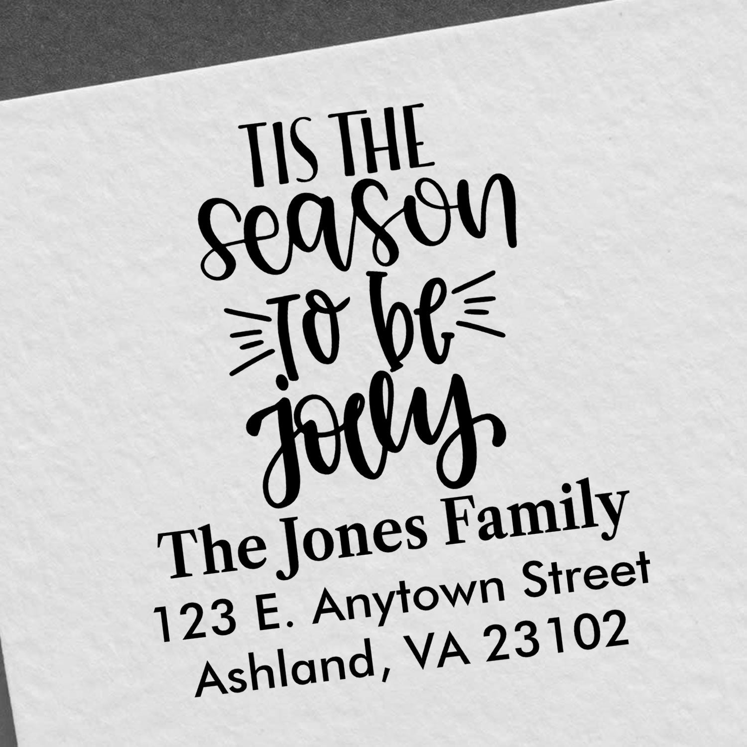 Custom holiday return address rubber stamp reading Tis the season to be jolly with The Jones Family address.